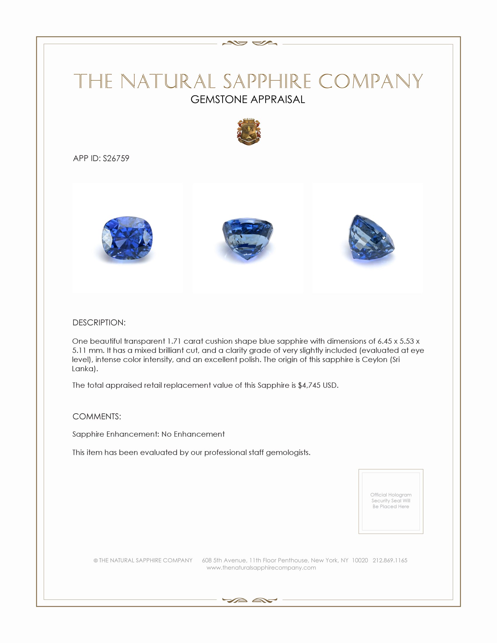 1.71 Ct. Blue Sapphire from Ceylon (Sri Lanka)
