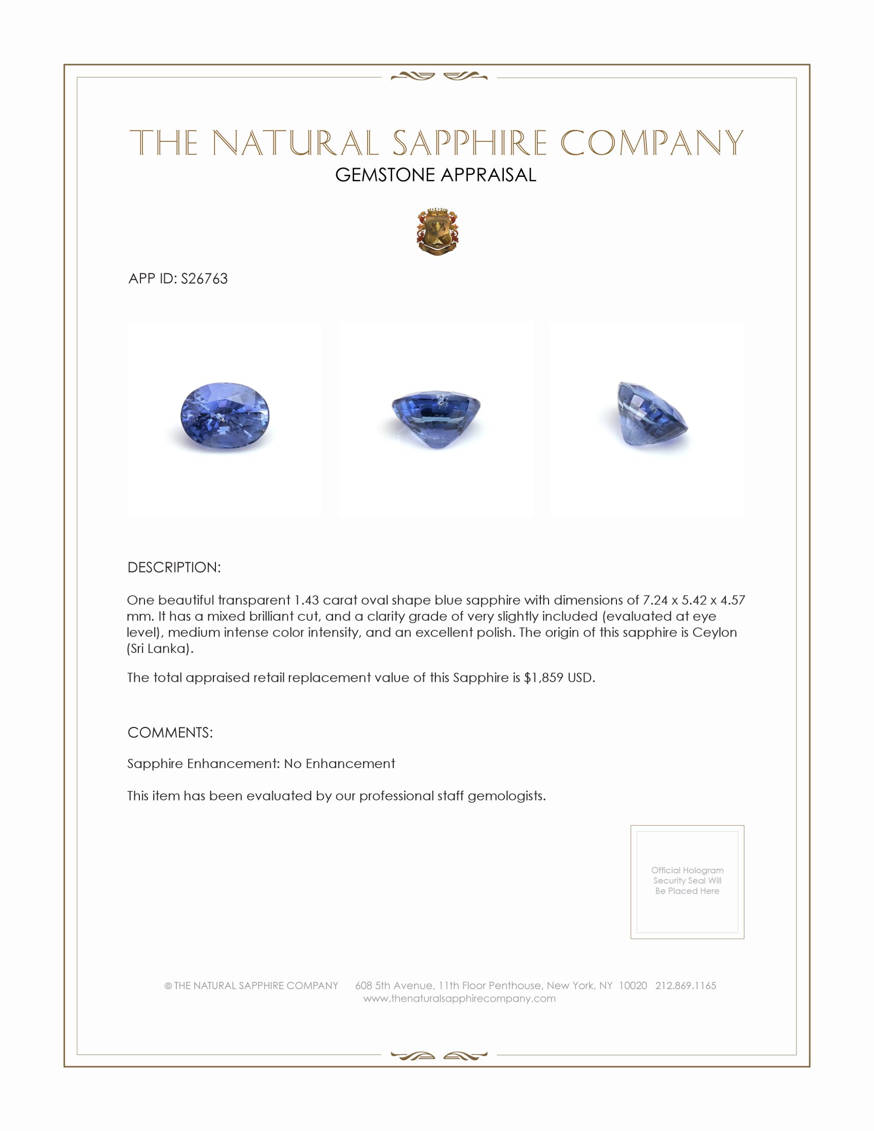 1.43 Ct. Blue Sapphire from Ceylon (Sri Lanka)