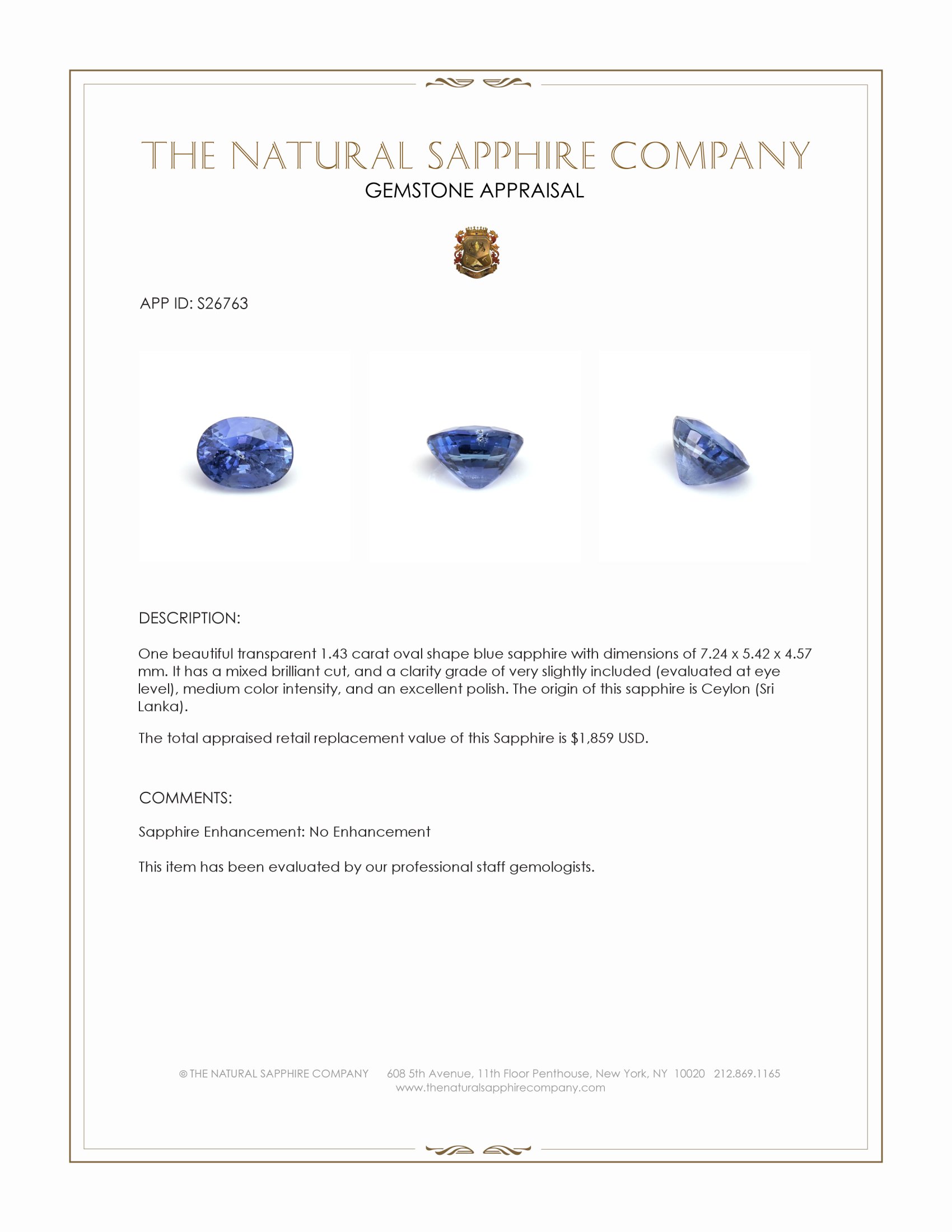 1.43 Ct. Blue Sapphire from Ceylon (Sri Lanka)