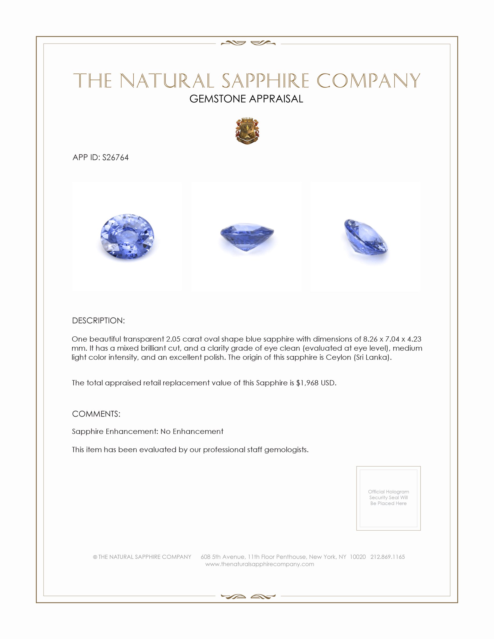 2.05 Ct. Blue Sapphire from Ceylon (Sri Lanka)
