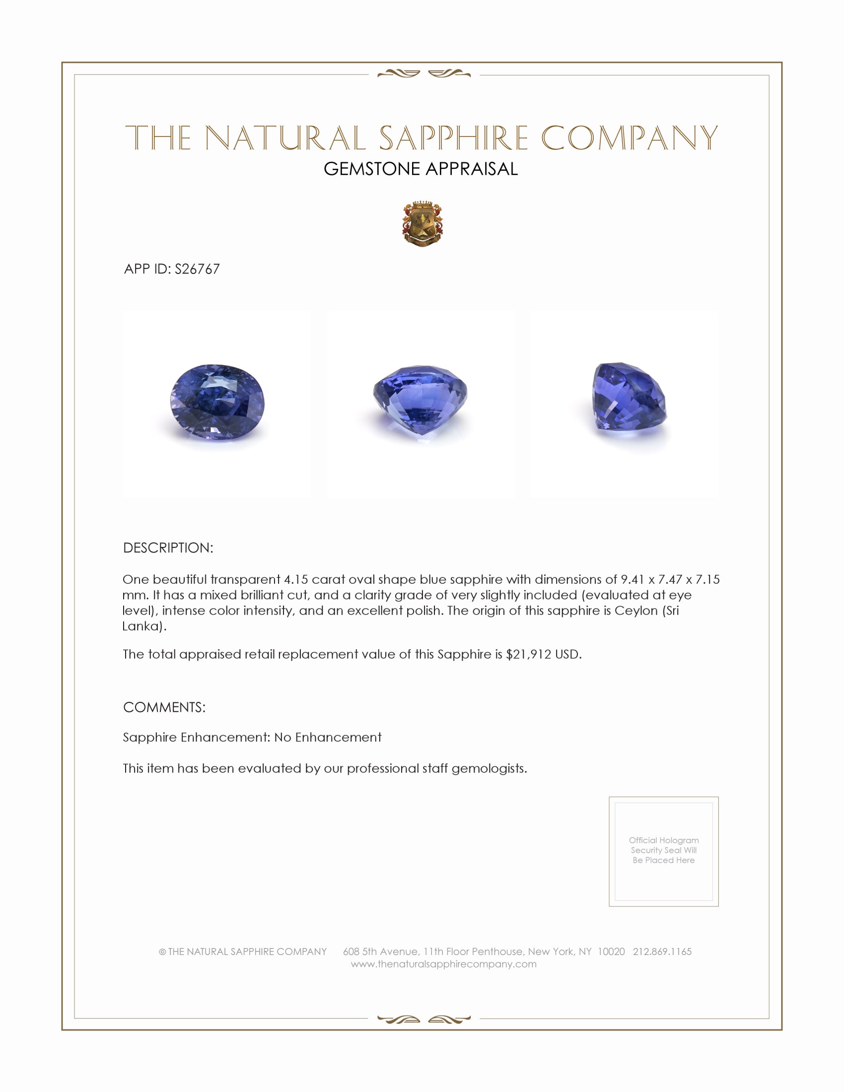 4.15 Ct. Blue Sapphire from Ceylon (Sri Lanka)