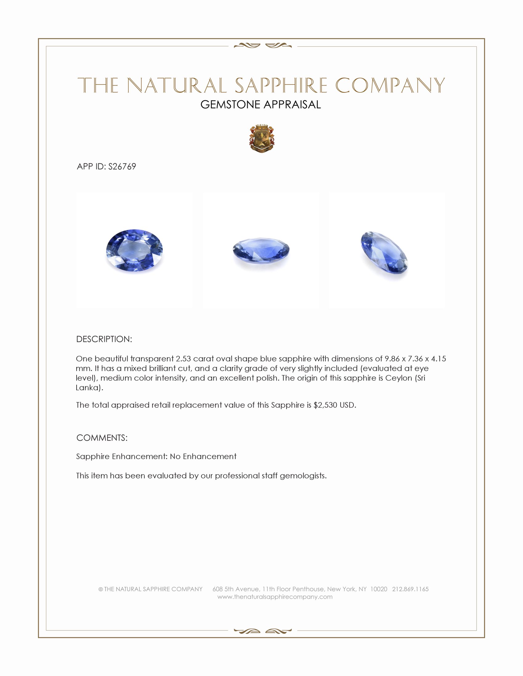 2.53 Ct. Blue Sapphire from Ceylon (Sri Lanka)