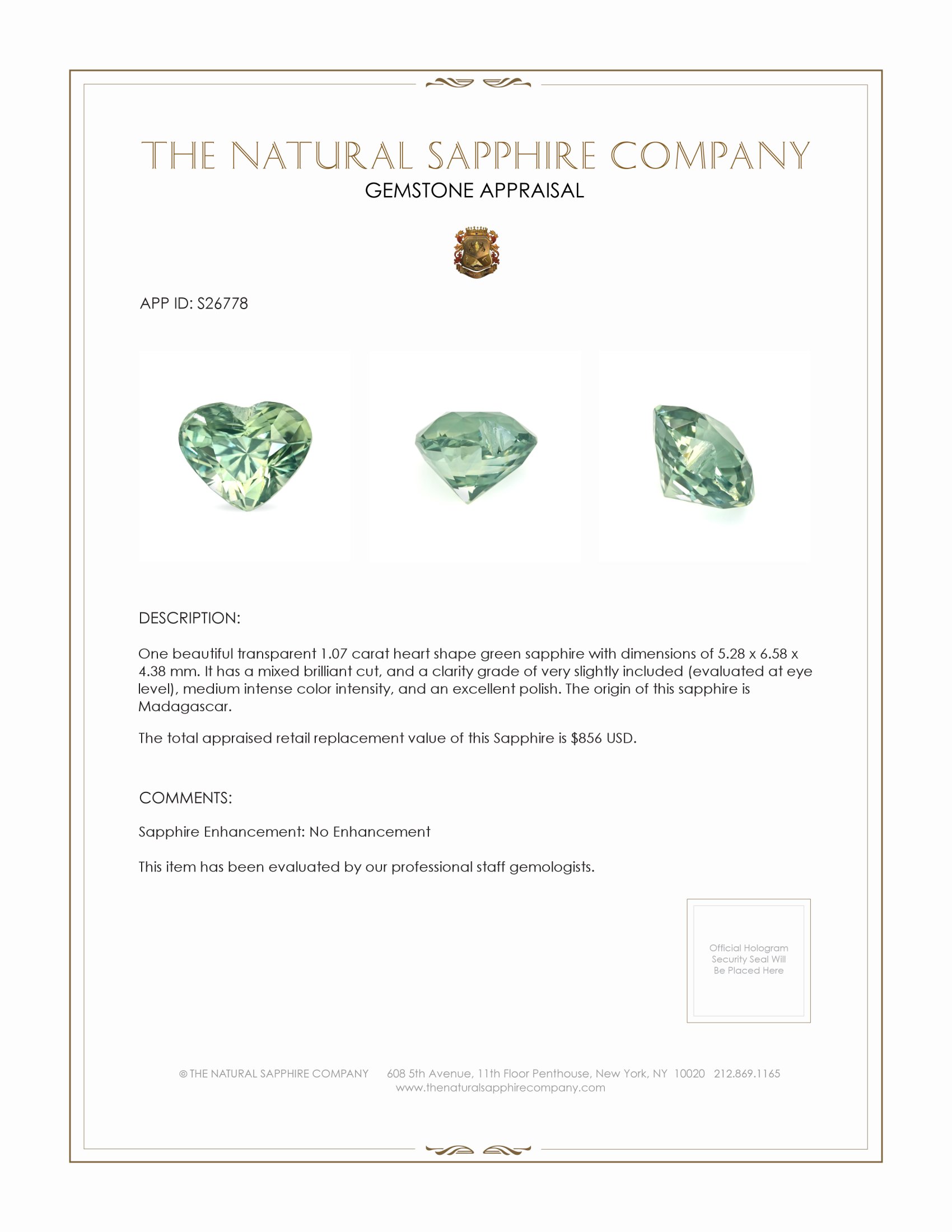 1.07 Ct. Green Sapphire from Madagascar