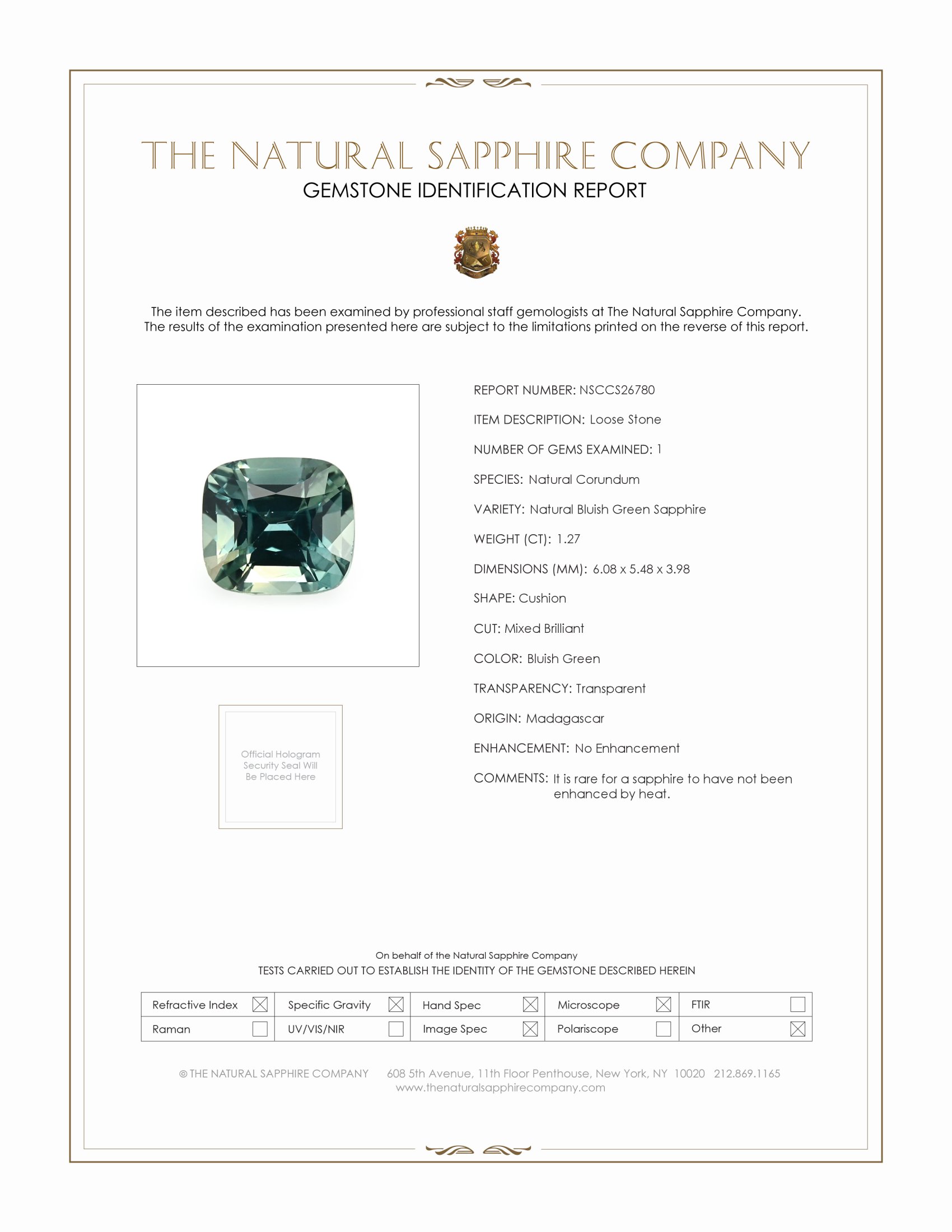 1.27 Ct. Bluish Green Sapphire from Madagascar