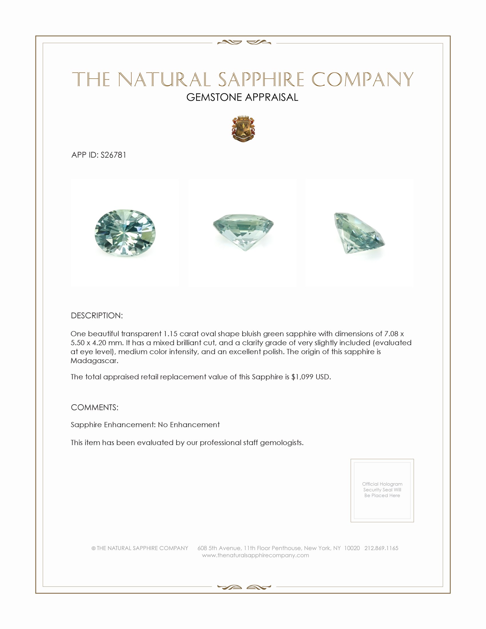 1.15 Ct. Bluish Green Sapphire from Madagascar