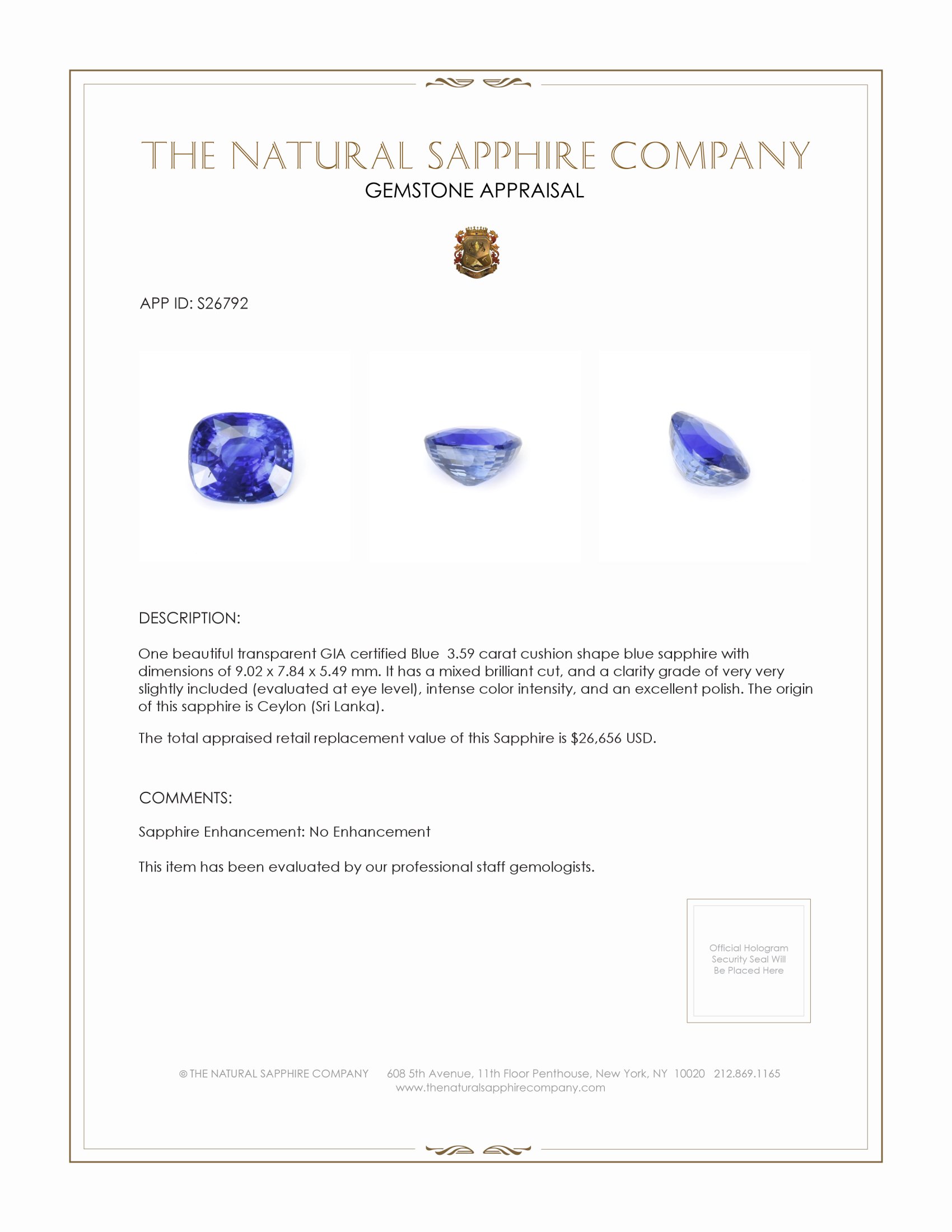 3.59 Ct. Blue Sapphire from Ceylon (Sri Lanka)