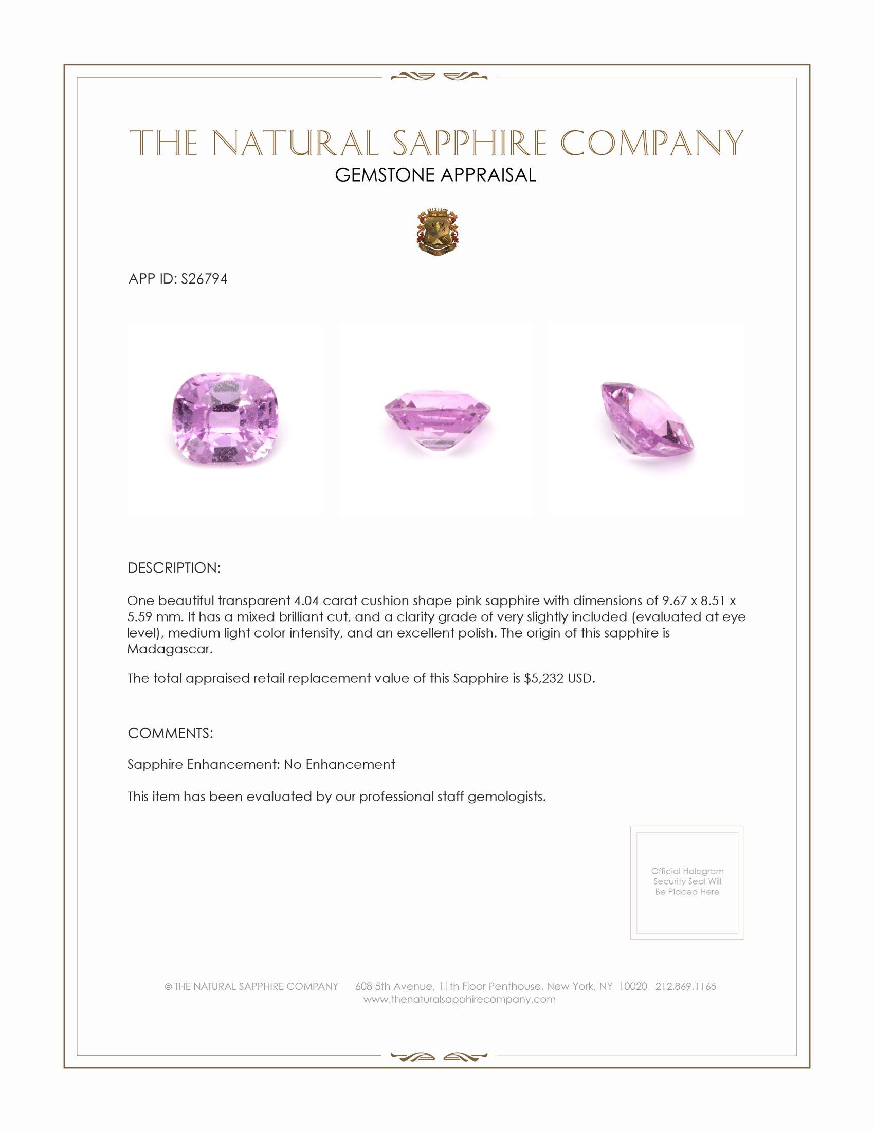 4.04 Ct. Pink Sapphire from Madagascar