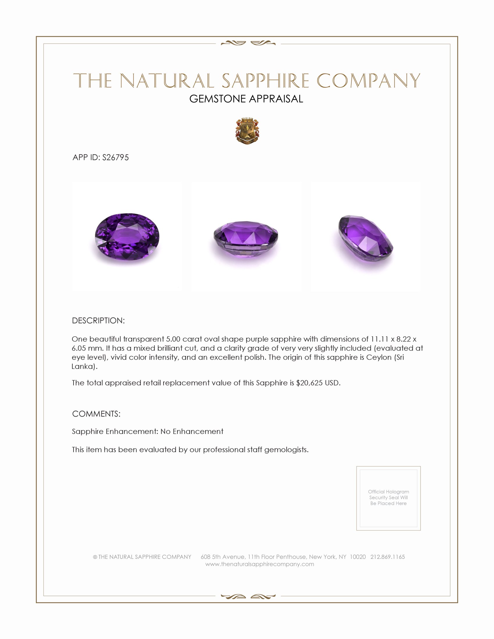 5.00 Ct. Purple Sapphire from Ceylon (Sri Lanka)