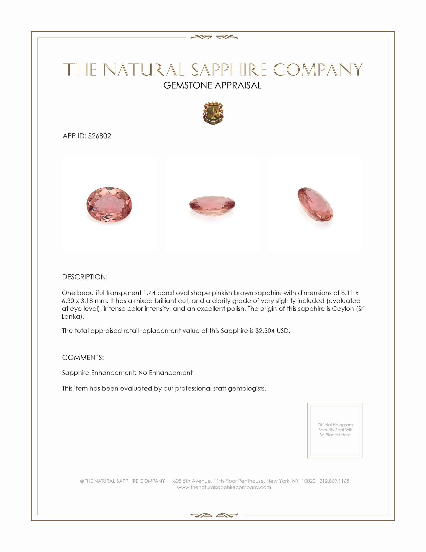 1.44 Ct. Pinkish Brown Sapphire from Ceylon (Sri Lanka)