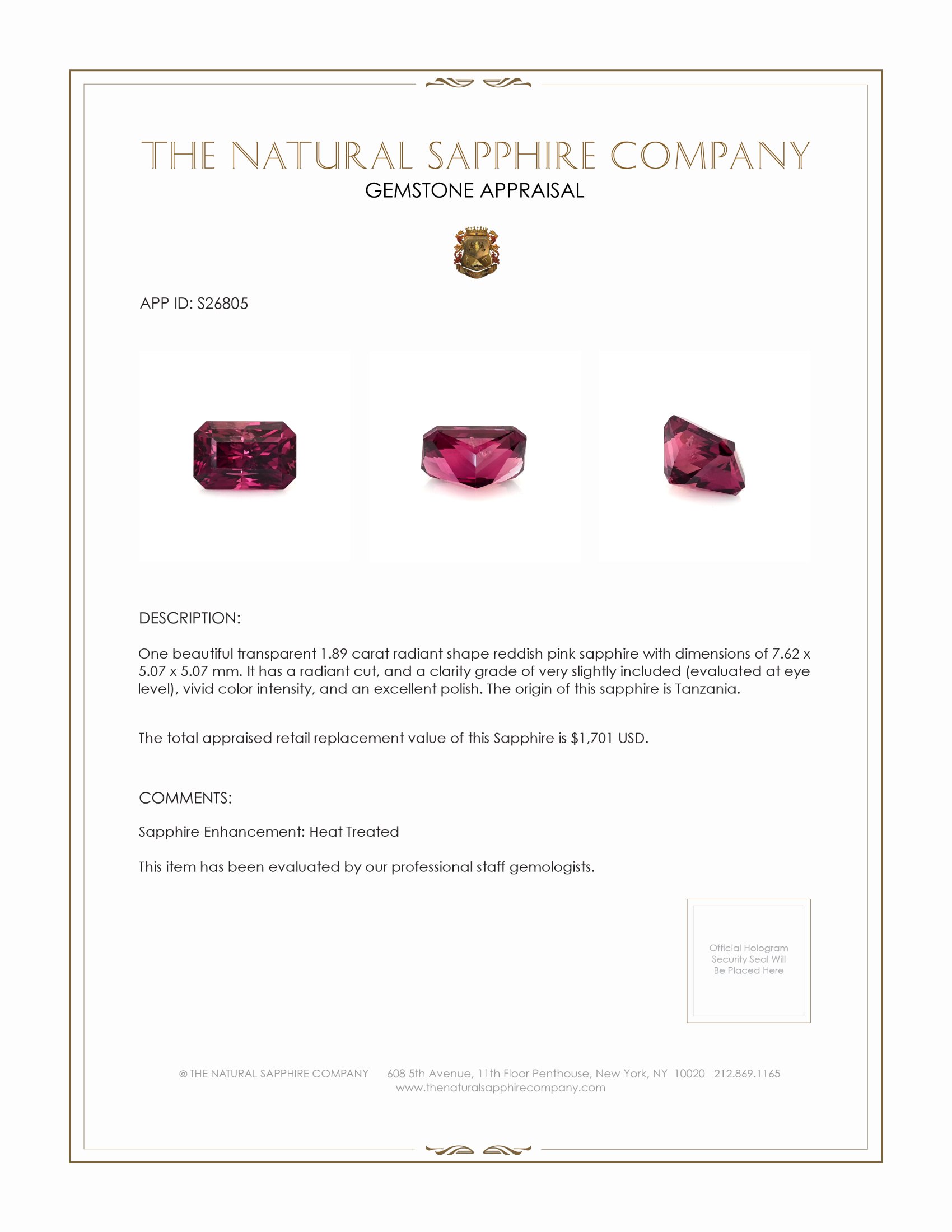 1.89 Ct. Reddish Pink Sapphire from Tanzania
