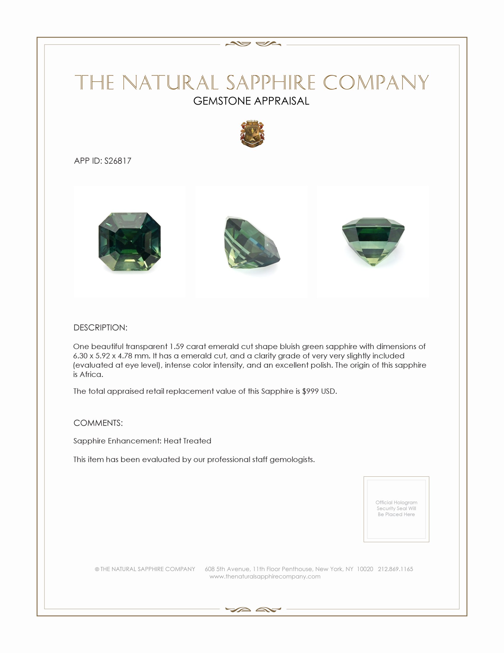 1.59 Ct. Bluish Green Sapphire from Africa