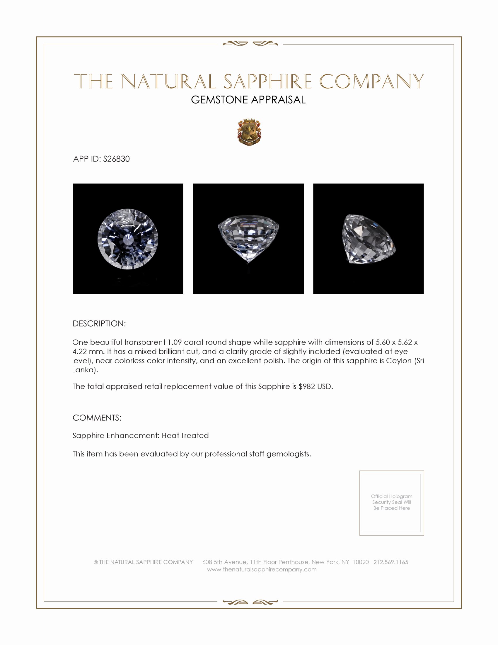 1.09 Ct. White Sapphire from Ceylon (Sri Lanka)