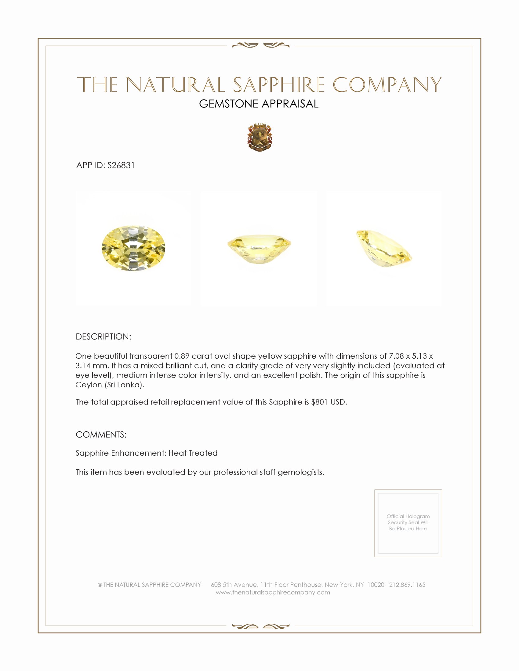 0.89 Ct. Yellow Sapphire from Ceylon (Sri Lanka)