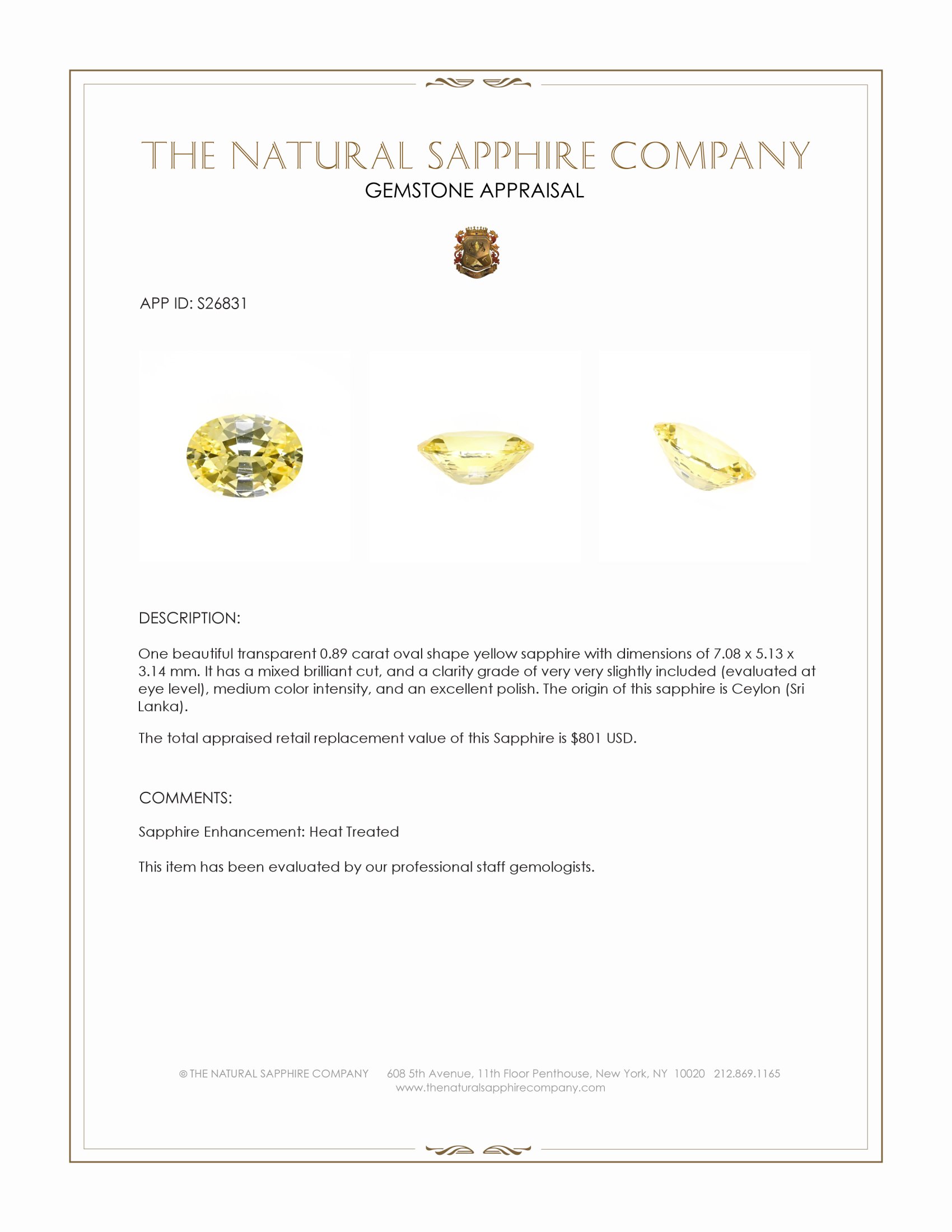 0.89 Ct. Yellow Sapphire from Ceylon (Sri Lanka)