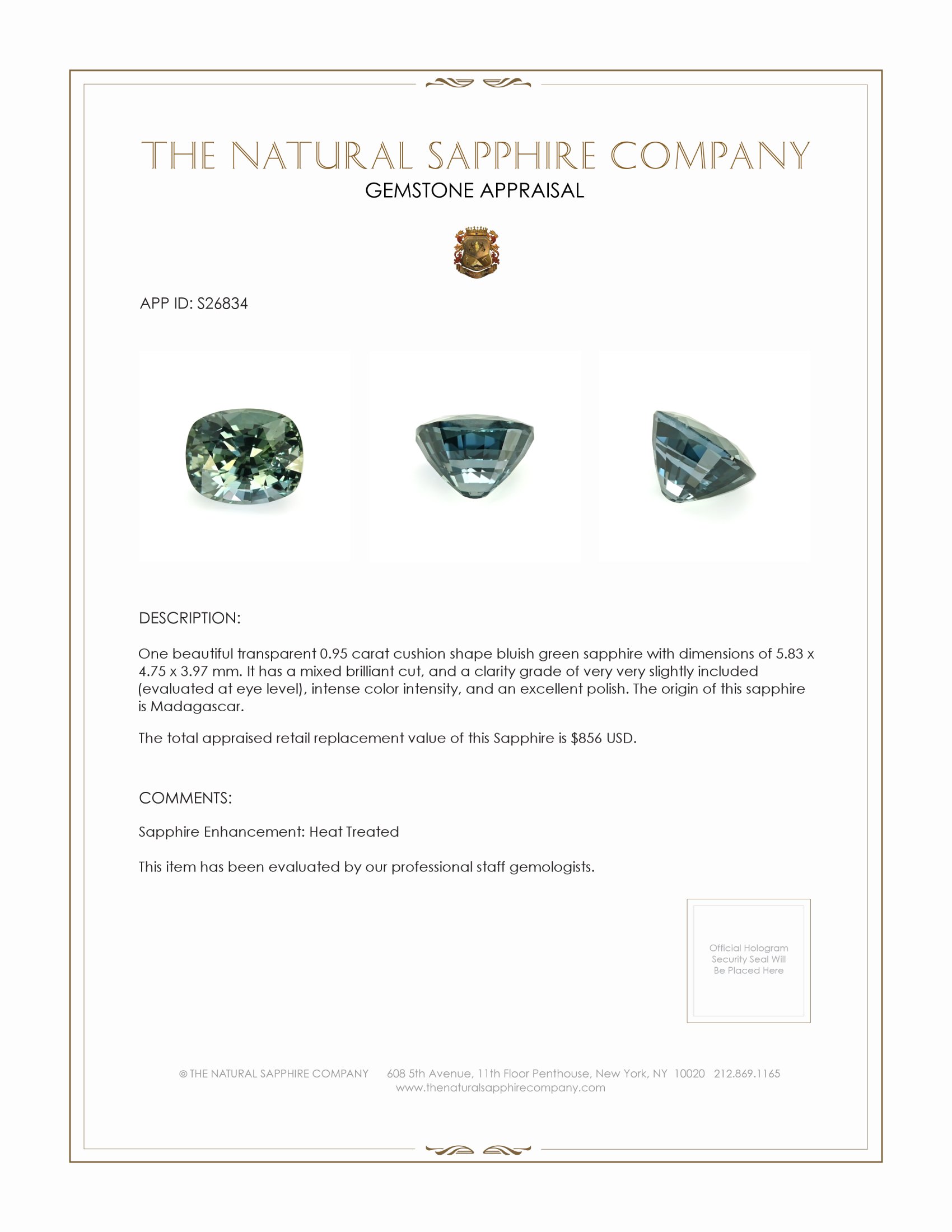 0.95 Ct. Bluish Green Sapphire from Madagascar