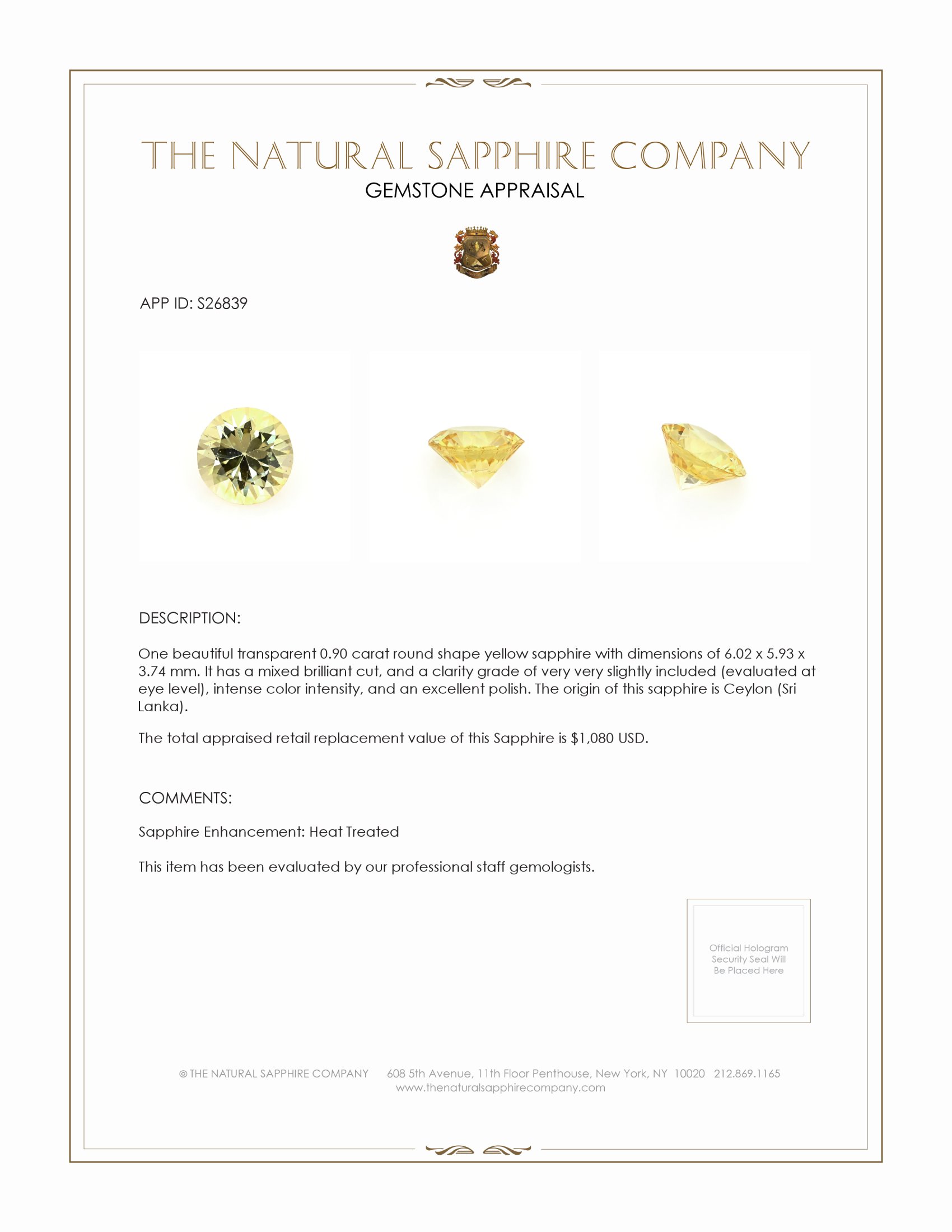 0.90 Ct. Yellow Sapphire from Ceylon (Sri Lanka)