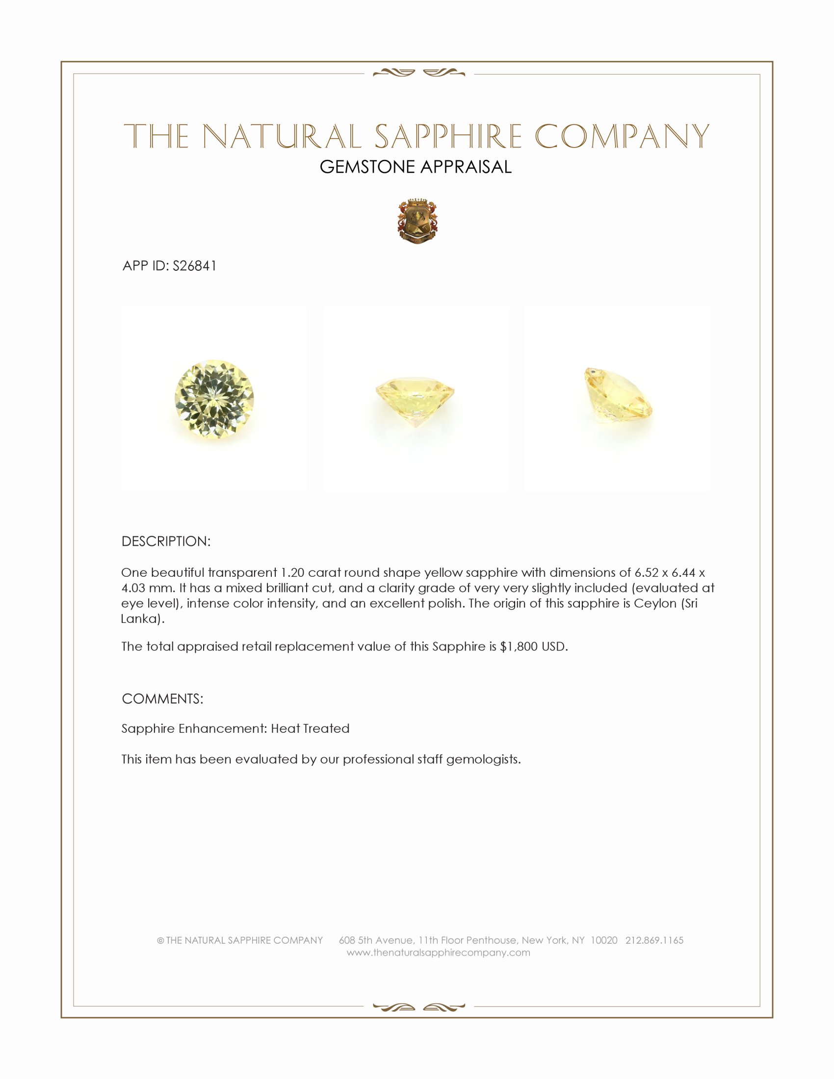 1.20 Ct. Yellow Sapphire from Ceylon (Sri Lanka)