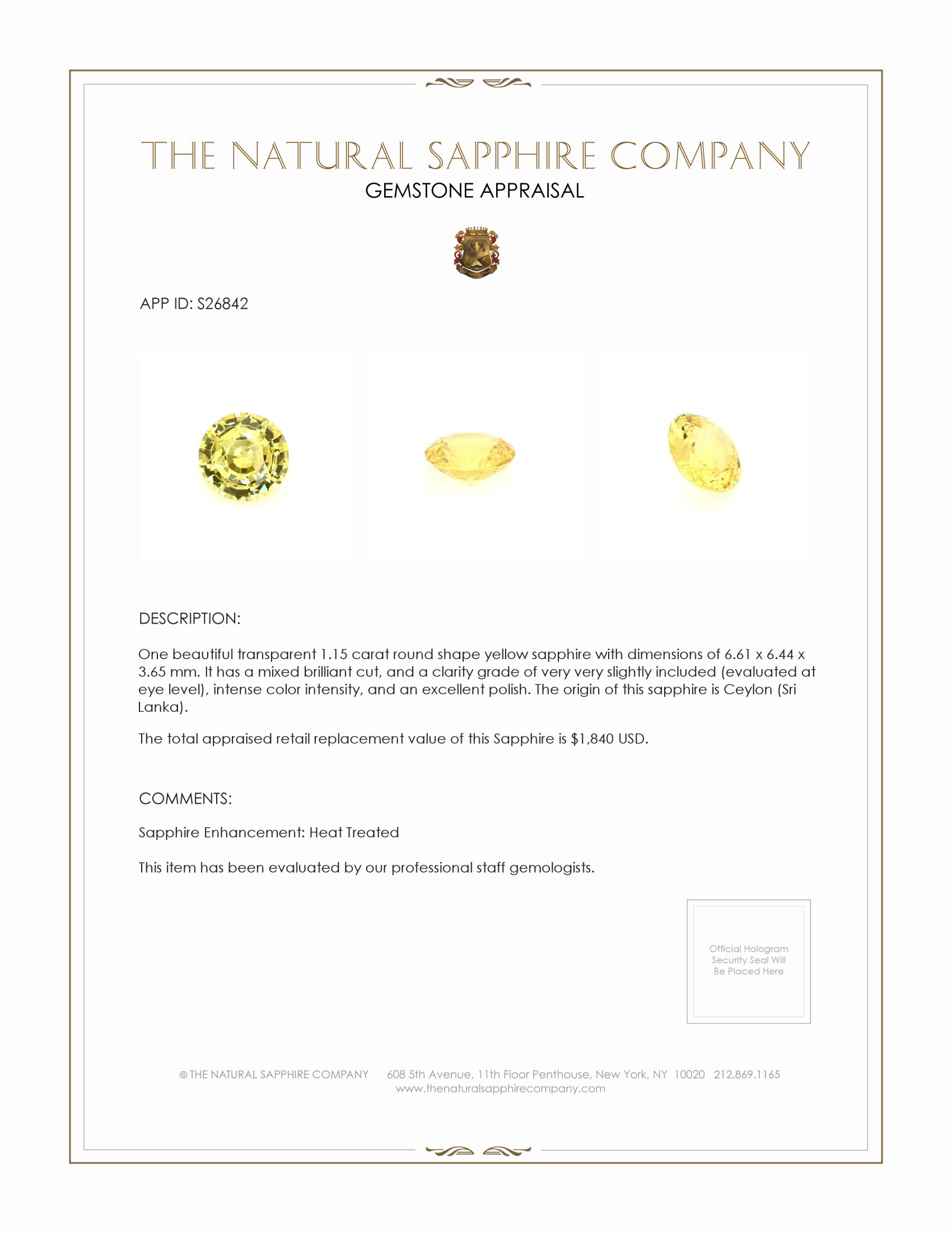 1.15 Ct. Yellow Sapphire from Ceylon (Sri Lanka)
