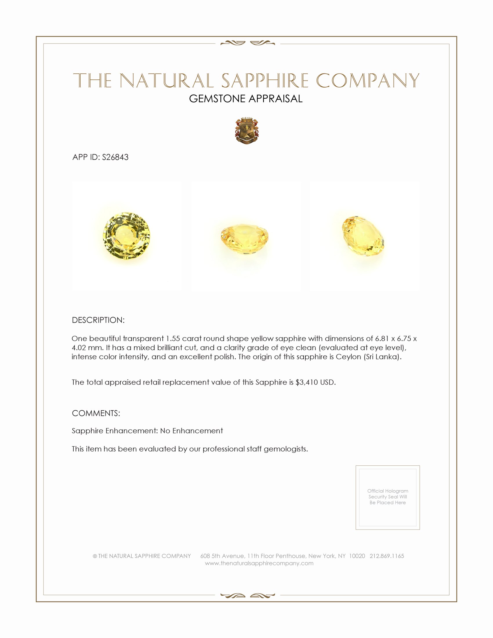 1.55 Ct. Yellow Sapphire from Ceylon (Sri Lanka)