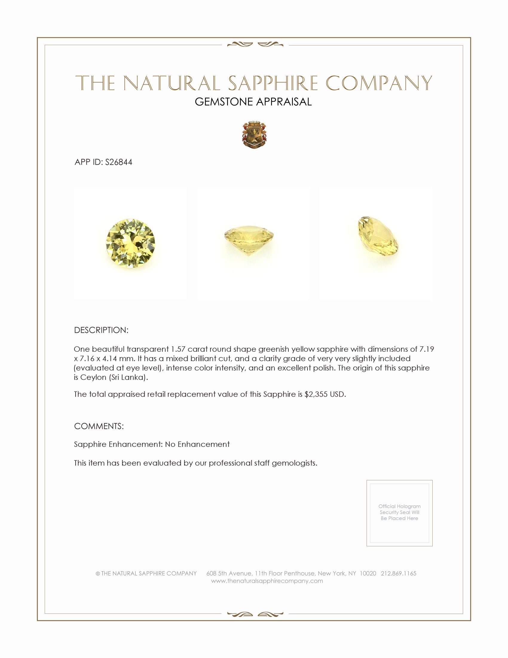 1.57 Ct. Greenish Yellow Sapphire from Ceylon (Sri Lanka)