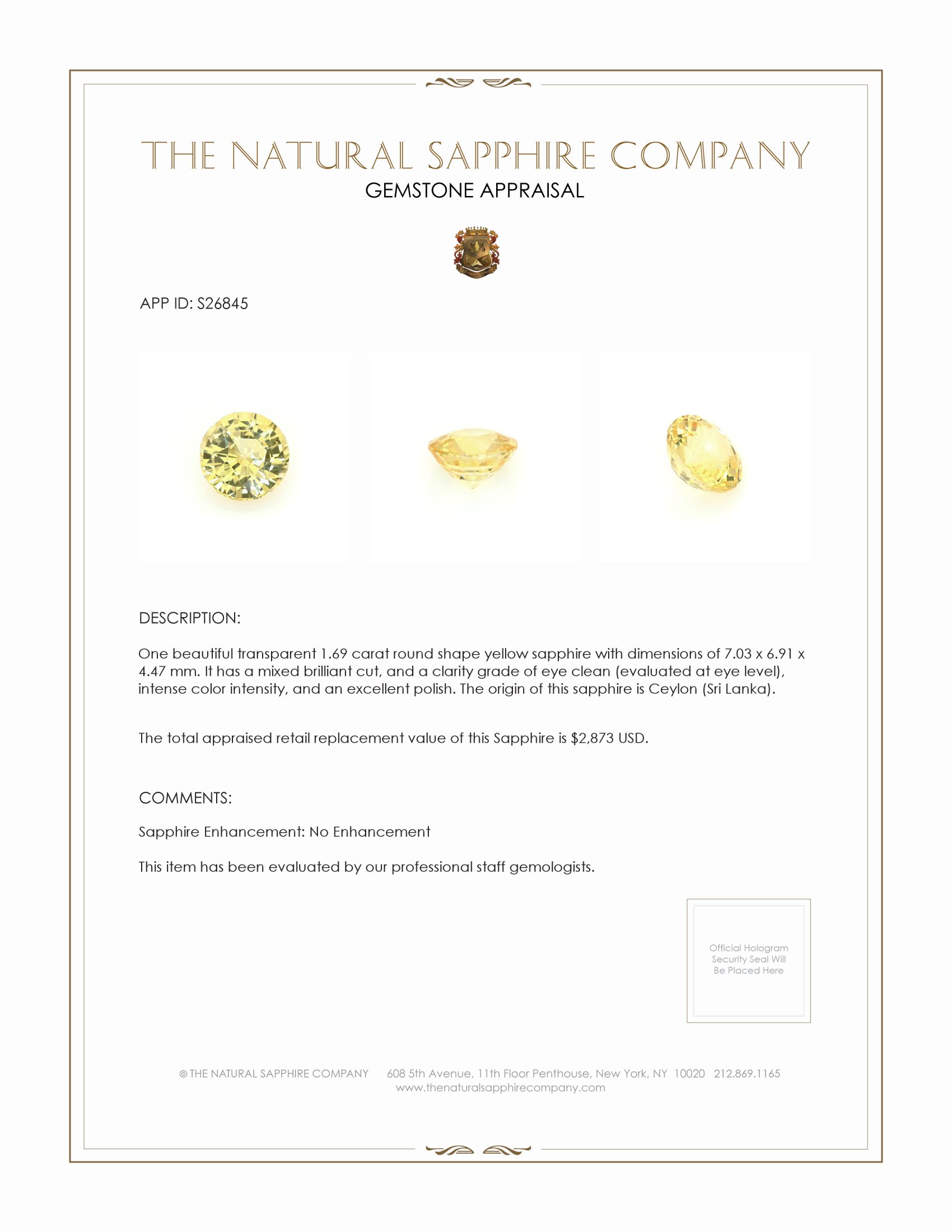 1.69 Ct. Yellow Sapphire from Ceylon (Sri Lanka)
