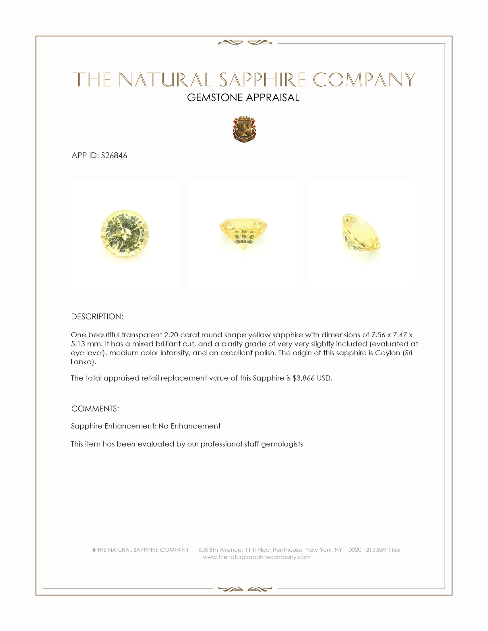 2.20 Ct. Yellow Sapphire from Ceylon (Sri Lanka)