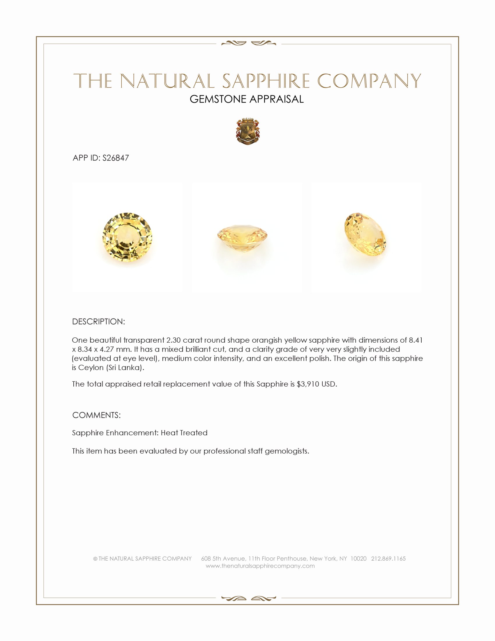 2.30 Ct. Orangish Yellow Sapphire from Ceylon (Sri Lanka)