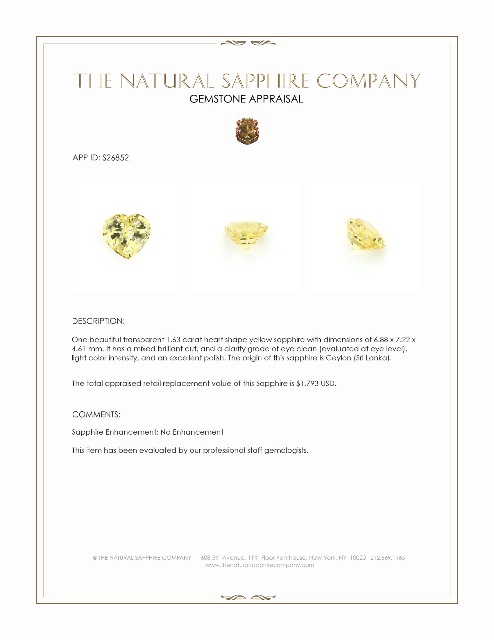 1.63 Ct. Yellow Sapphire from Ceylon (Sri Lanka)