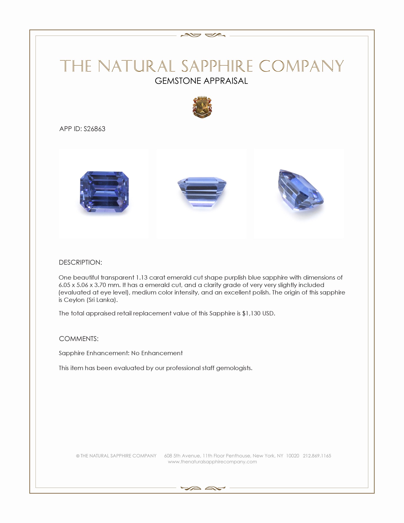 1.13 Ct. Purplish Blue Sapphire from Ceylon (Sri Lanka)