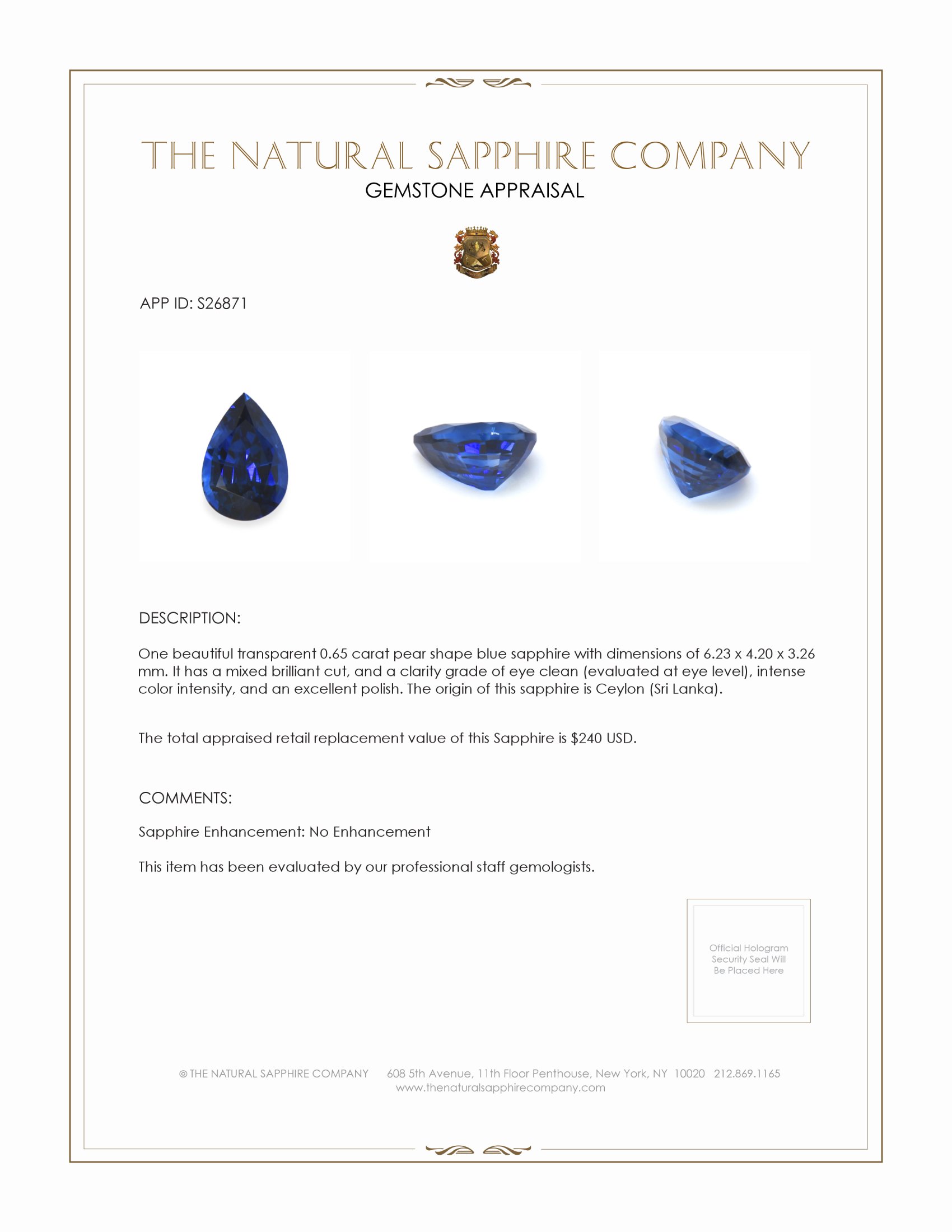 0.65 Ct. Blue Sapphire from Ceylon (Sri Lanka)