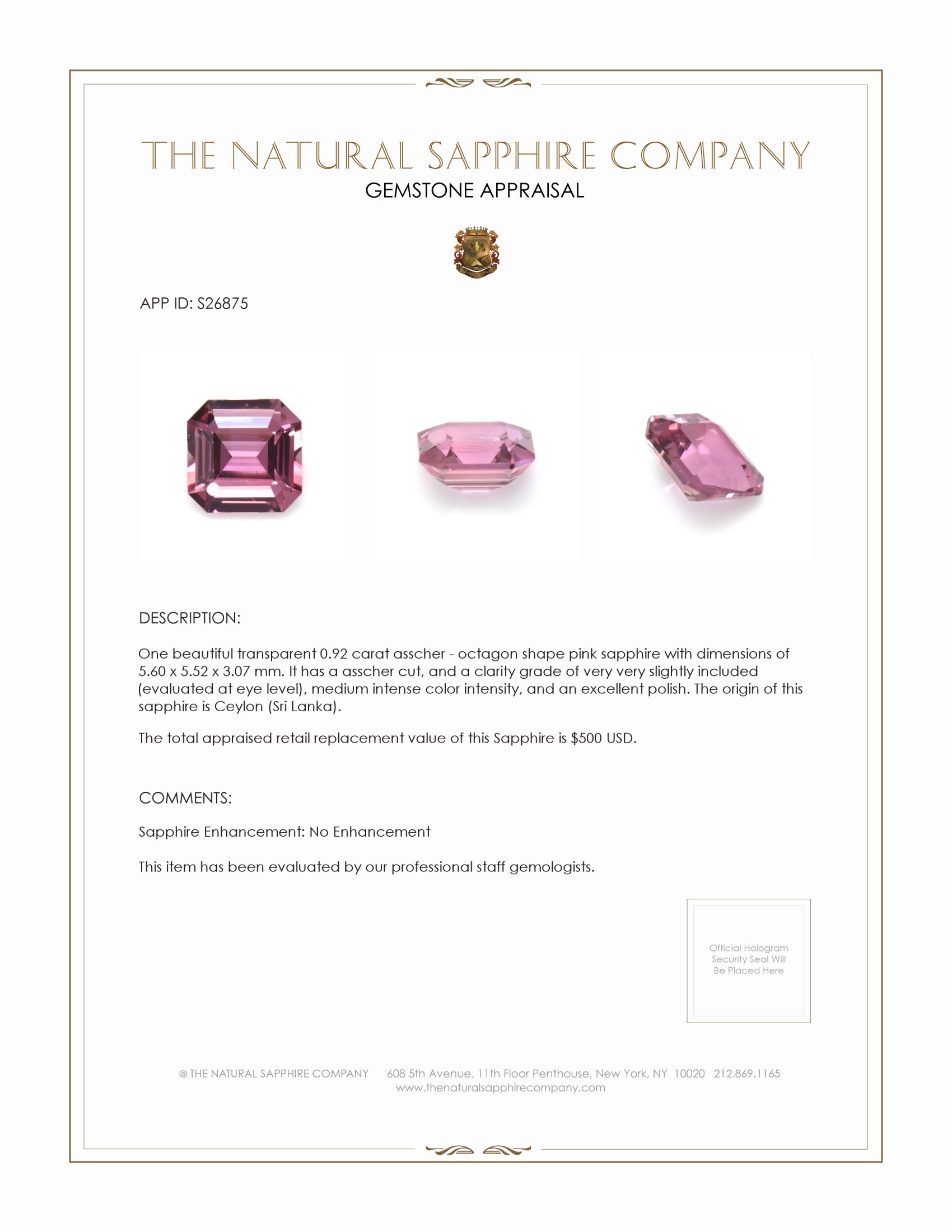 0.92 Ct. Pink Sapphire from Ceylon (Sri Lanka)