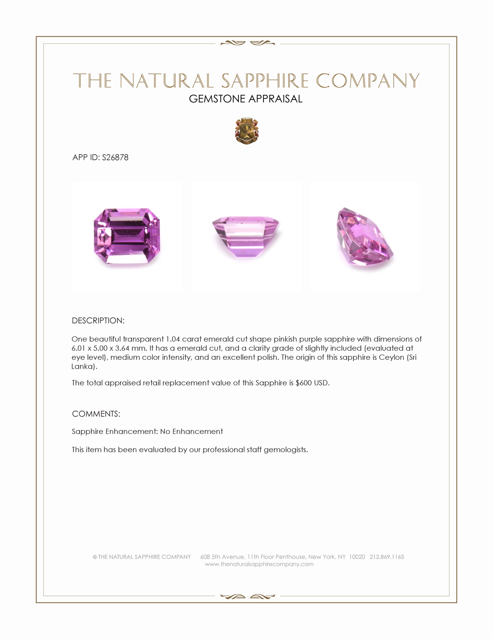 1.04 Ct. Pinkish Purple Sapphire from Ceylon (Sri Lanka)