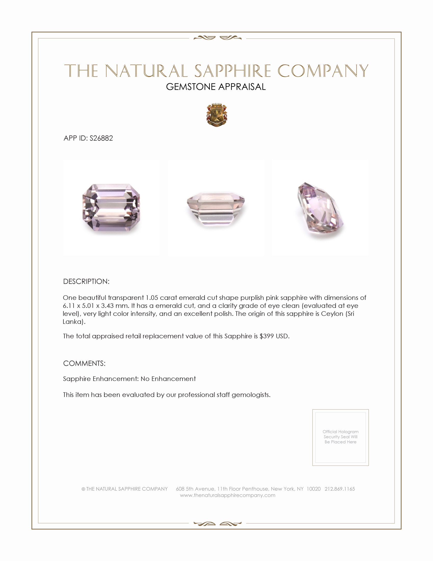 1.05 Ct. Purplish Pink Sapphire from Ceylon (Sri Lanka)