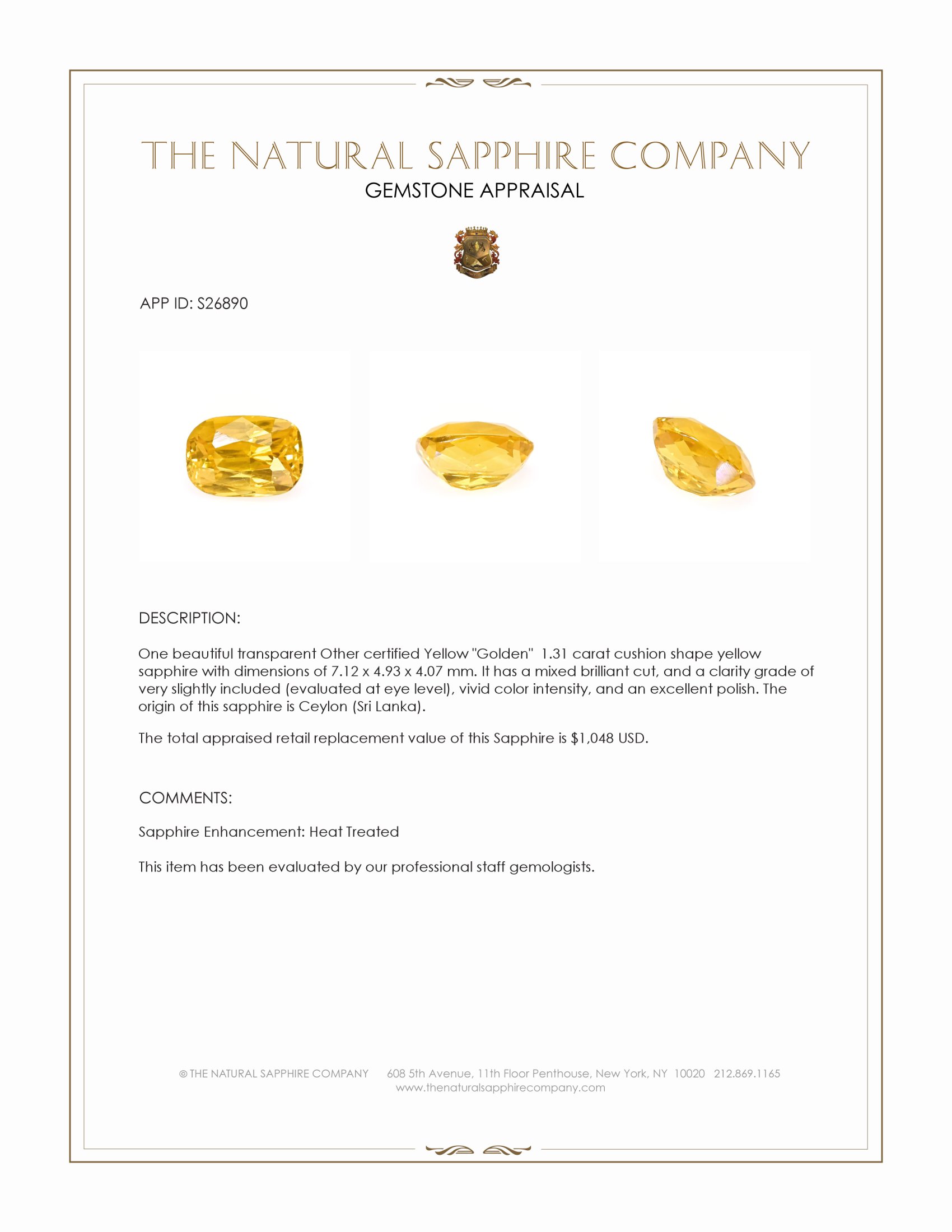 1.31 Ct. Yellow Sapphire from Ceylon (Sri Lanka)