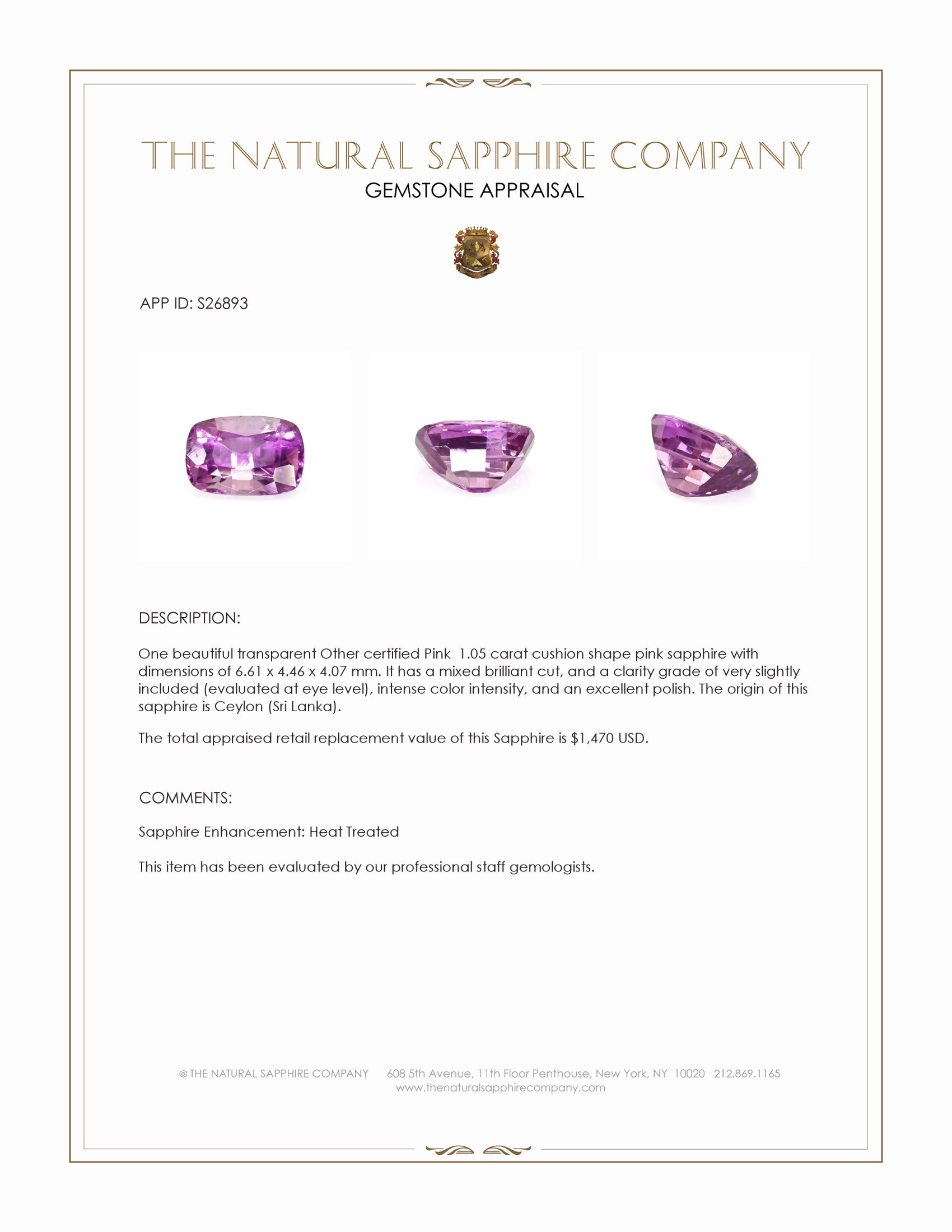 1.05 Ct. Pink Sapphire from Ceylon (Sri Lanka)