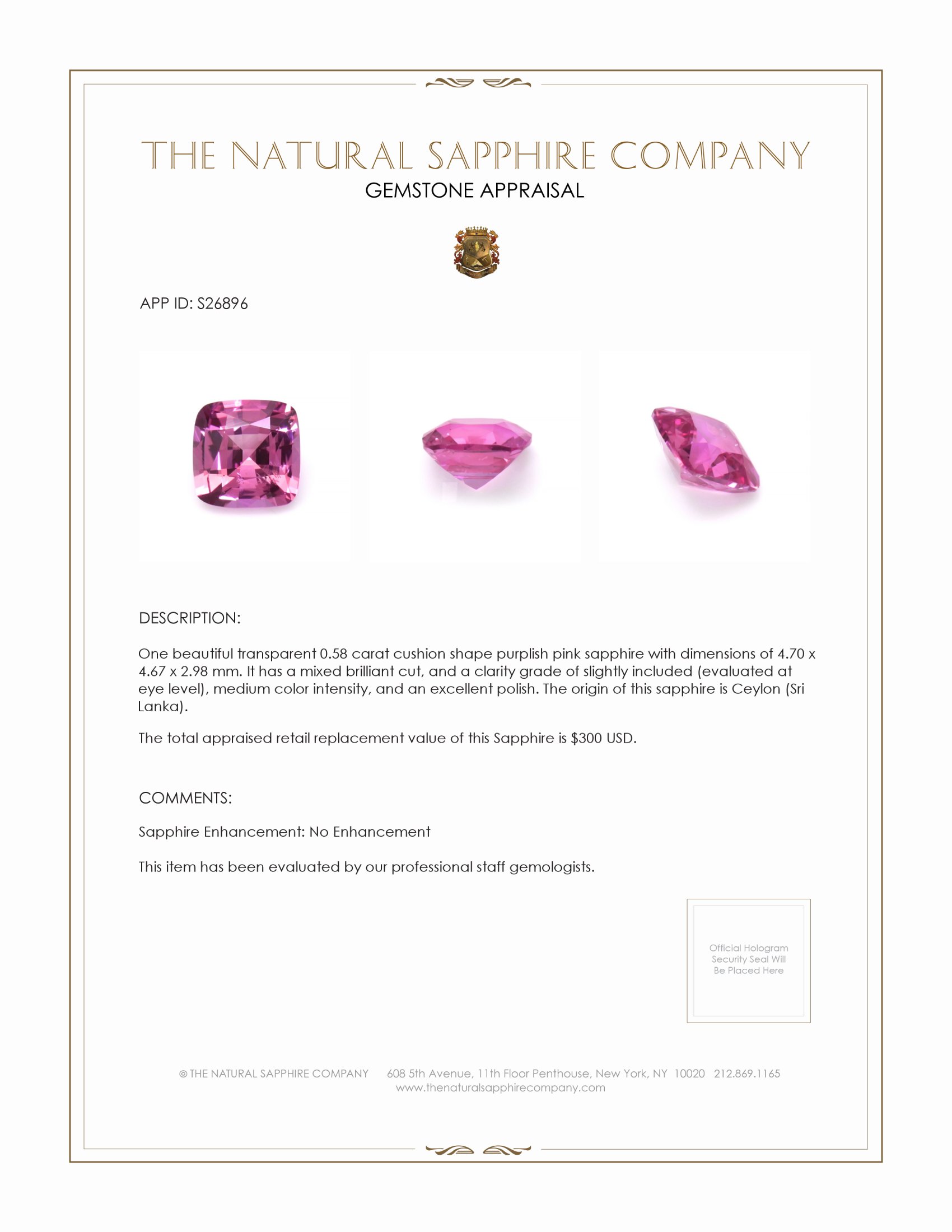 0.58 Ct. Purplish Pink Sapphire from Ceylon (Sri Lanka)
