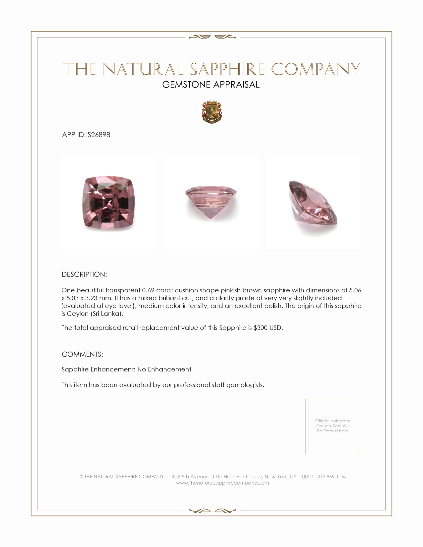 0.69 Ct. Pinkish Brown Sapphire from Ceylon (Sri Lanka)