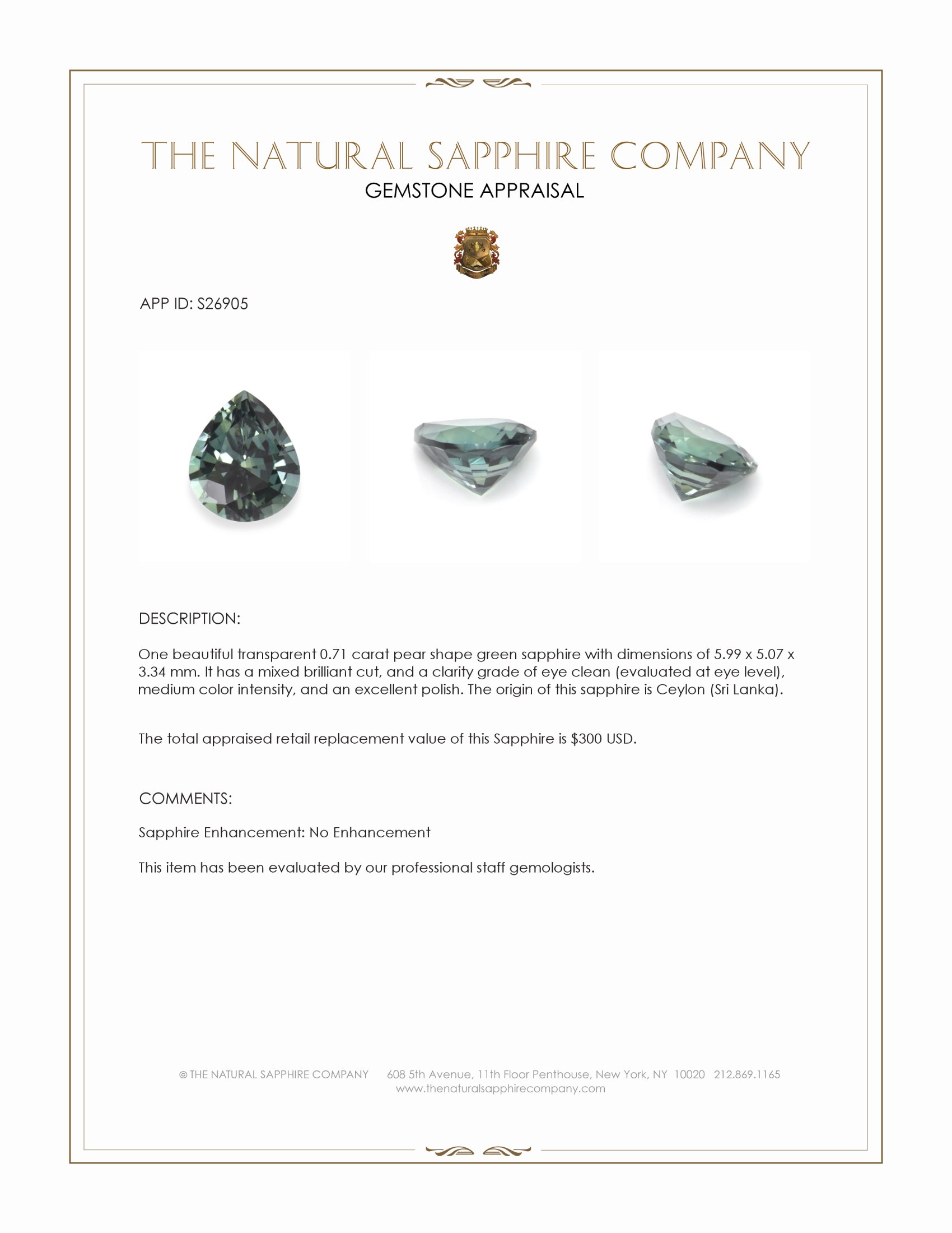 0.71 Ct. Green Sapphire from Ceylon (Sri Lanka)