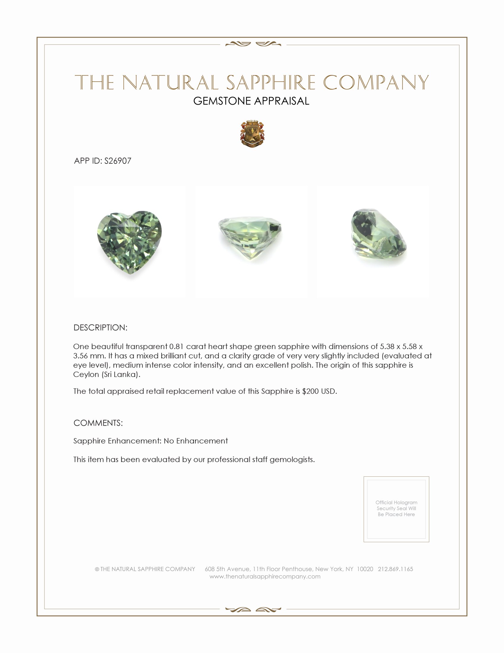 0.81 Ct. Green Sapphire from Ceylon (Sri Lanka)