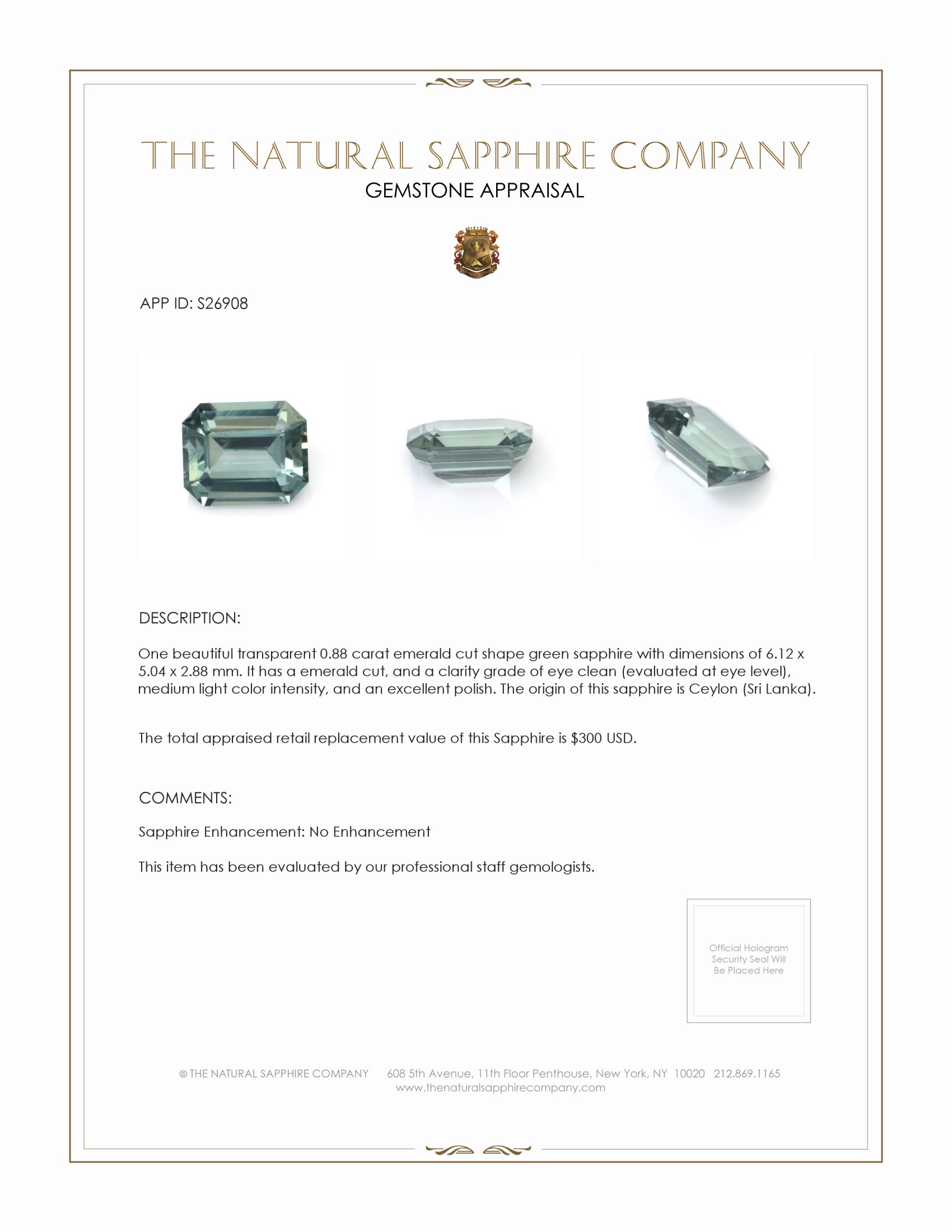 0.88 Ct. Green Sapphire from Ceylon (Sri Lanka)
