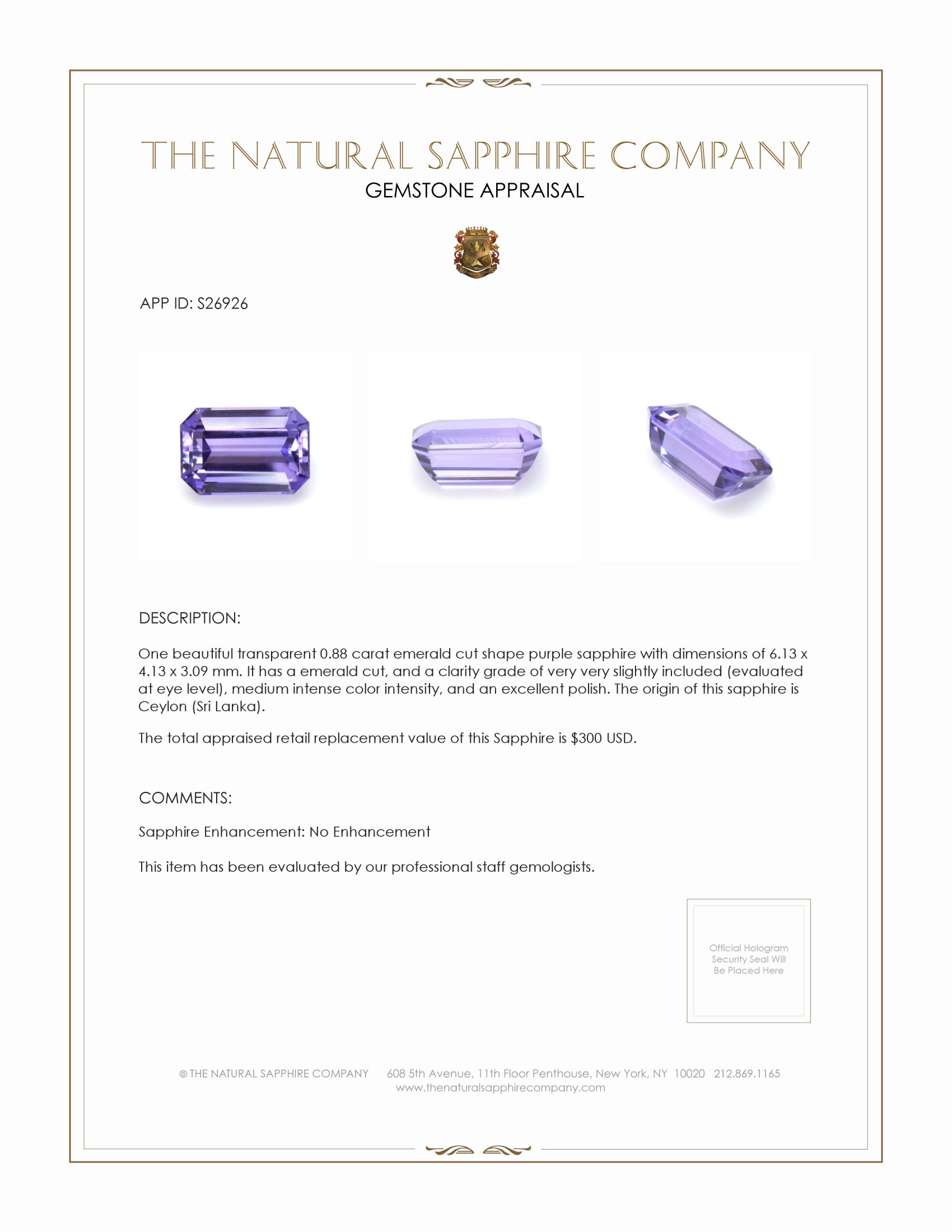 0.88 Ct. Purple Sapphire from Ceylon (Sri Lanka)