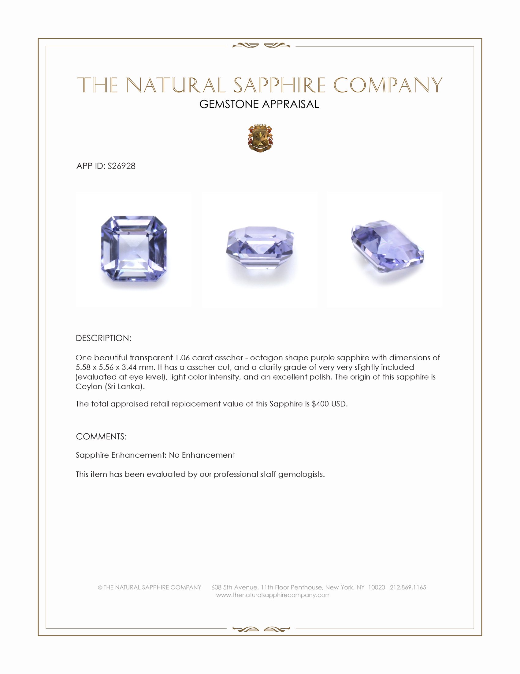 1.06 Ct. Purple Sapphire from Ceylon (Sri Lanka)