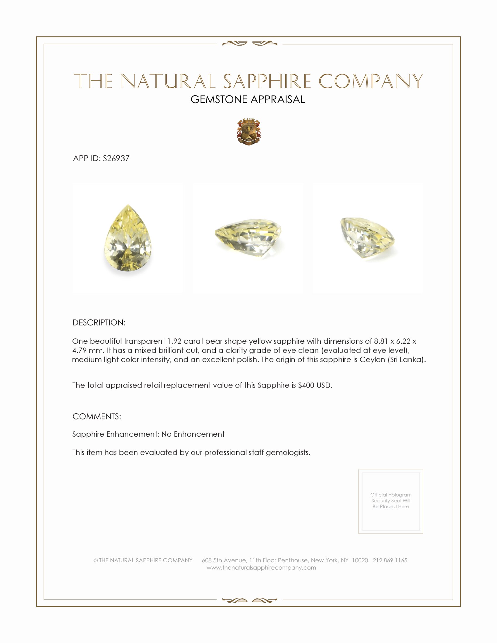 1.92 Ct. Yellow Sapphire from Ceylon (Sri Lanka)
