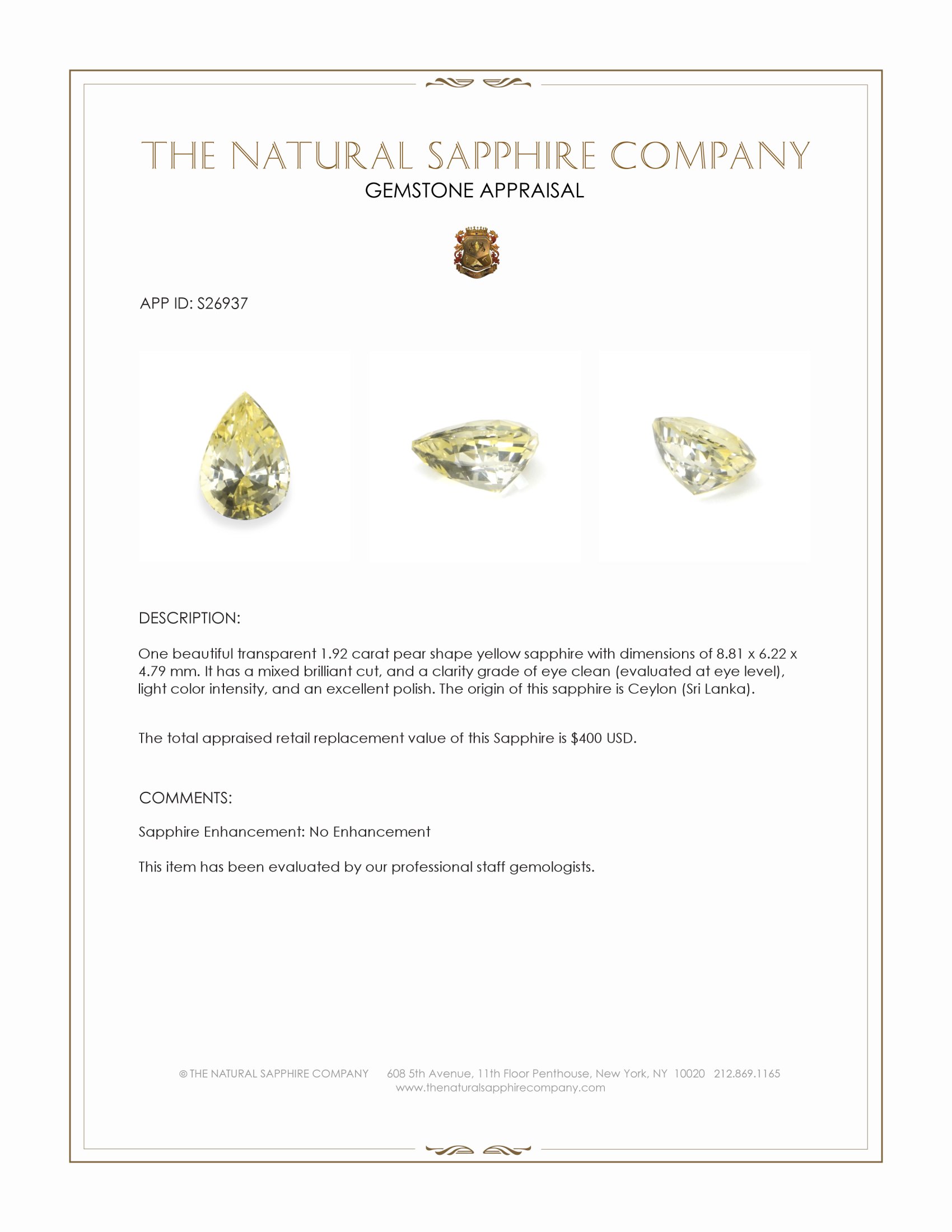 1.92 Ct. Yellow Sapphire from Ceylon (Sri Lanka)