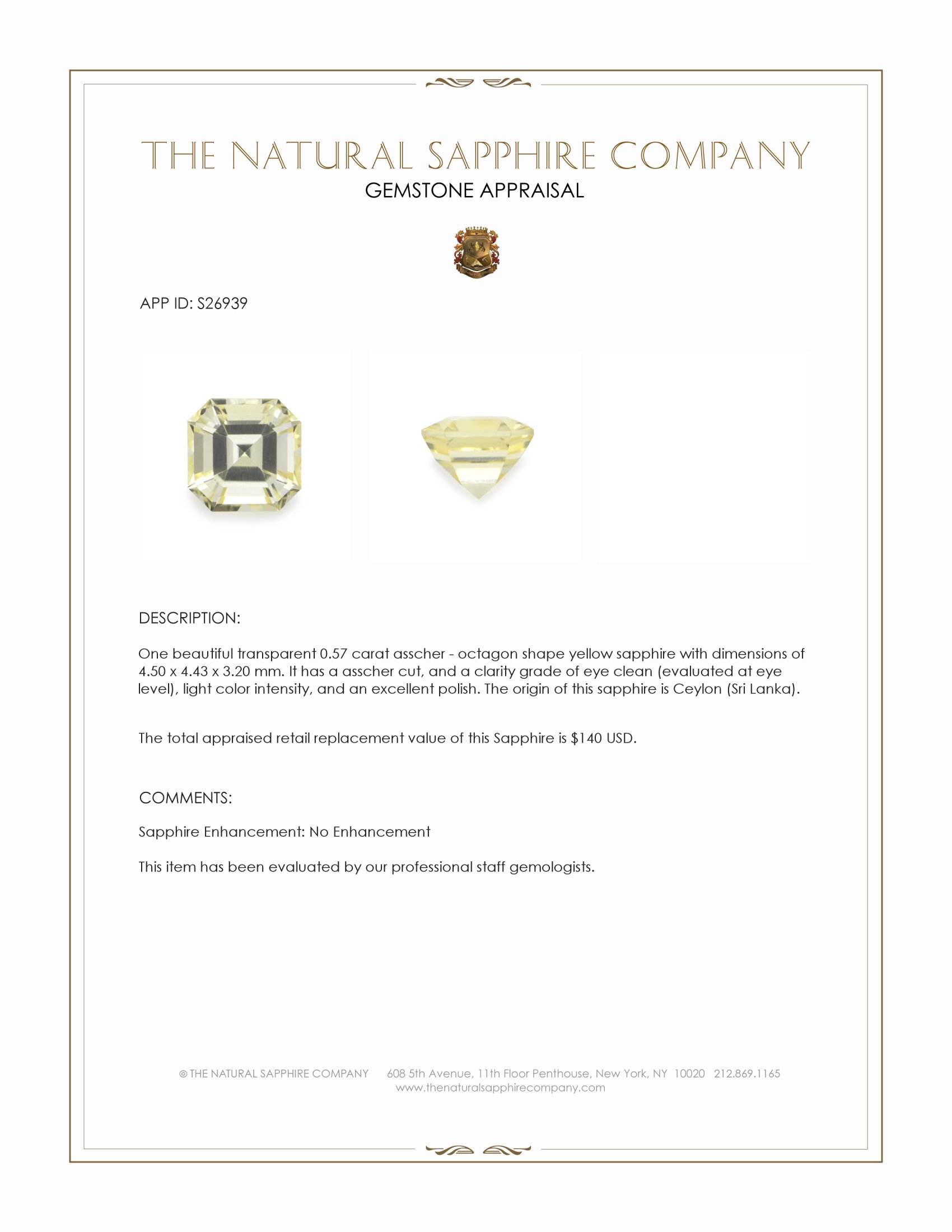 0.57 Ct. Yellow Sapphire from Ceylon (Sri Lanka)