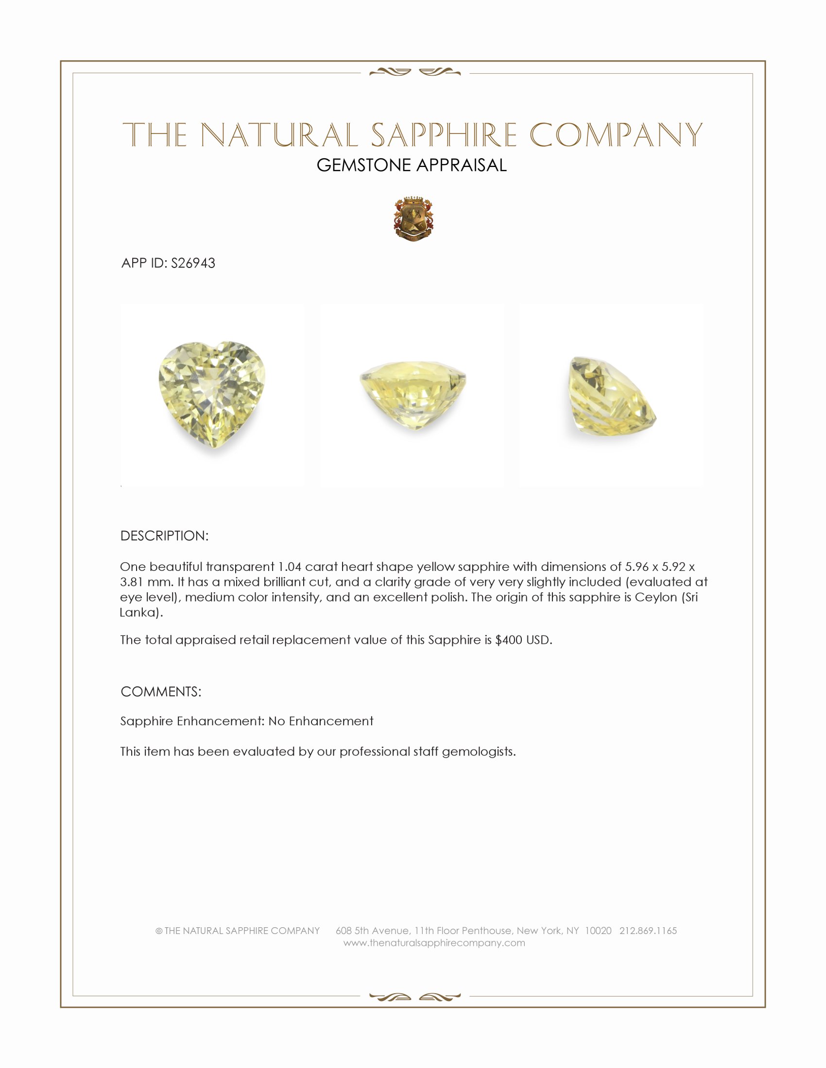 1.04 Ct. Yellow Sapphire from Ceylon (Sri Lanka)