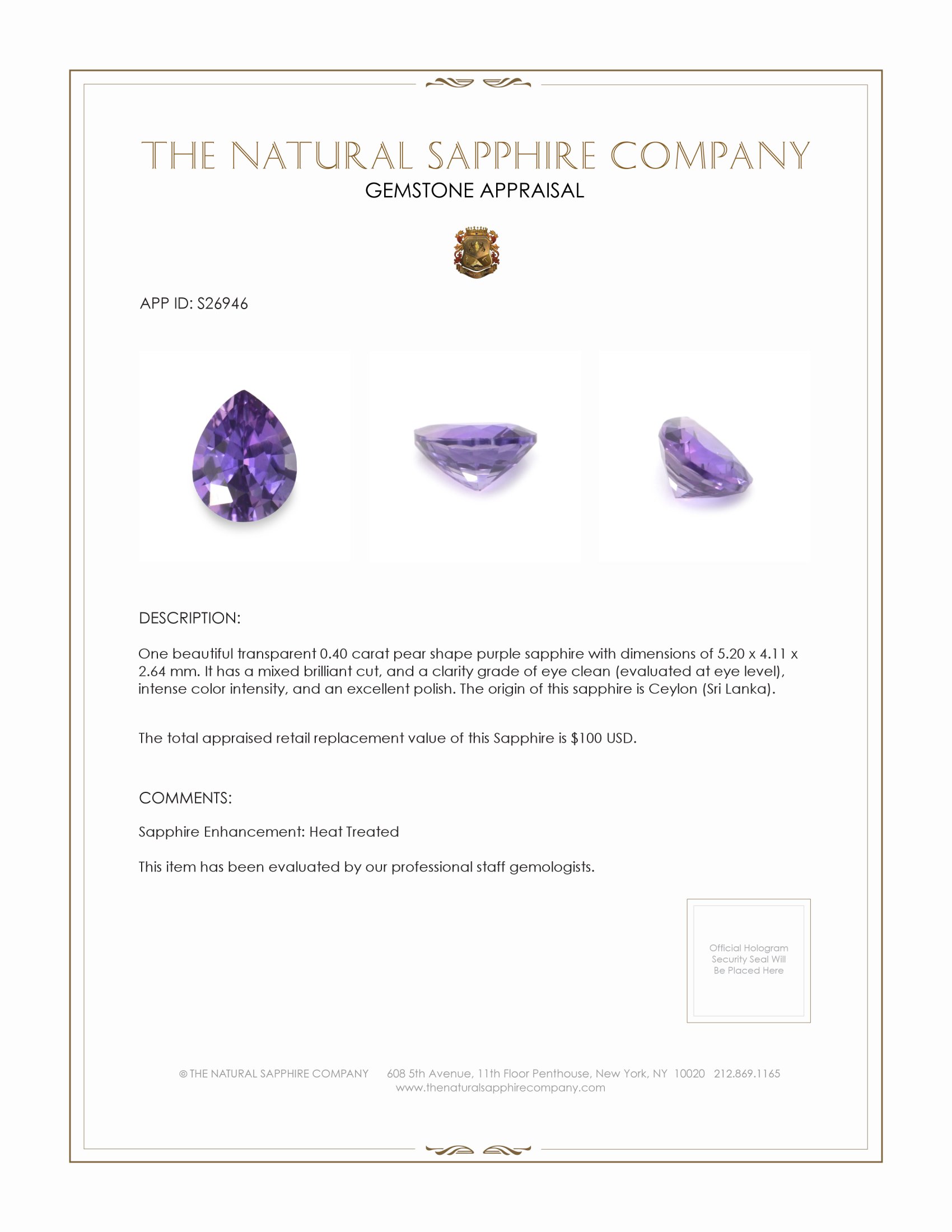 0.40 Ct. Purple Sapphire from Ceylon (Sri Lanka)