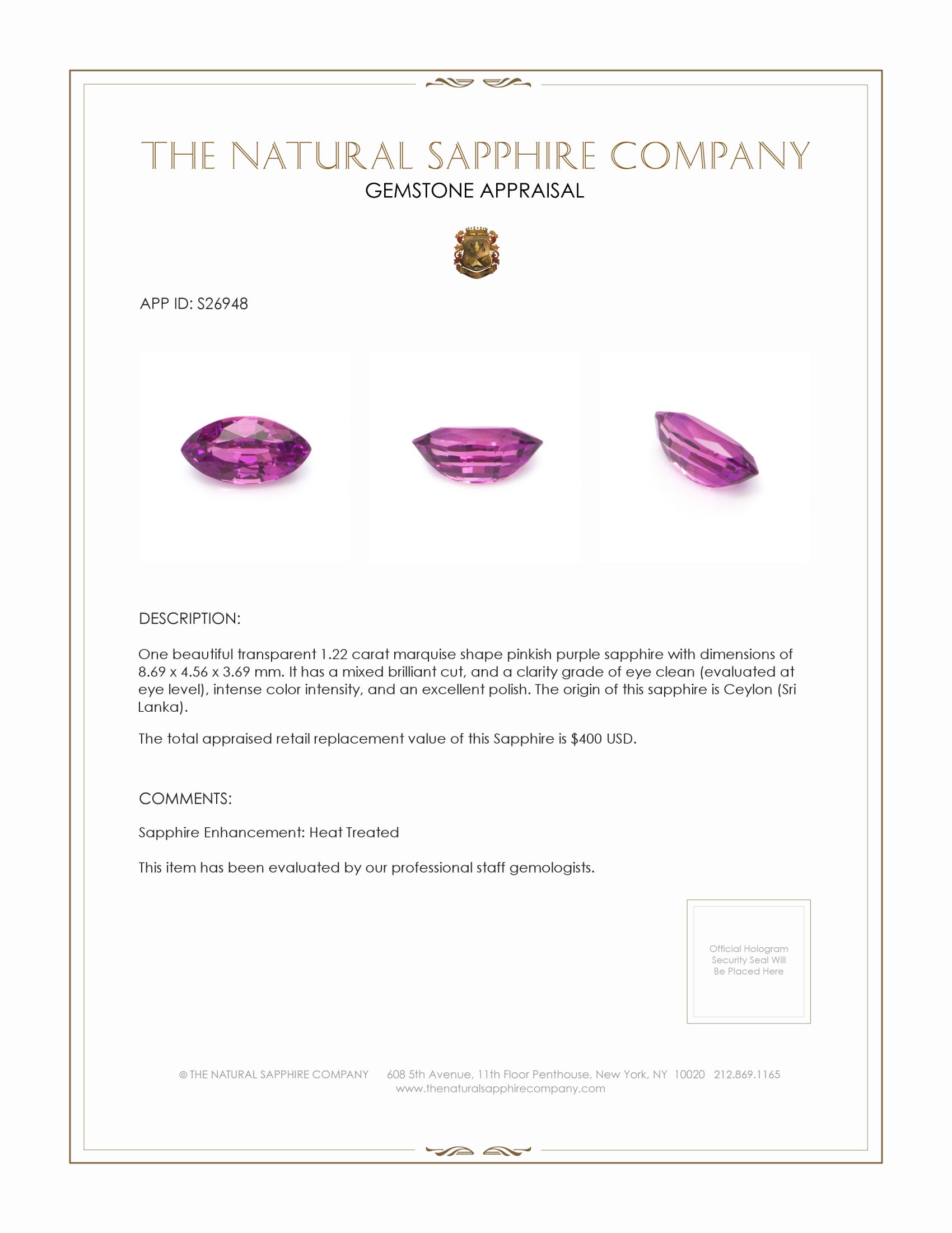 1.22 Ct. Pinkish Purple Sapphire from Ceylon (Sri Lanka)