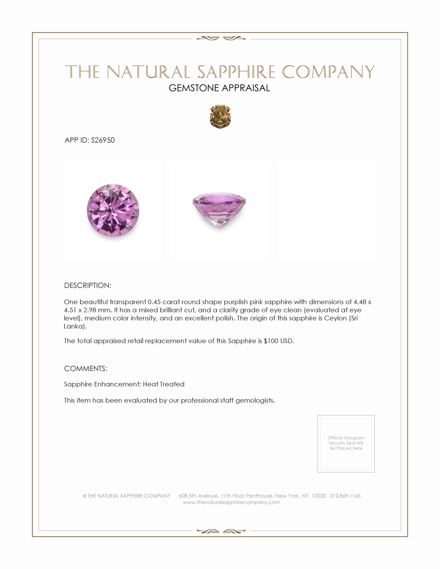 0.45 Ct. Purplish Pink Sapphire from Ceylon (Sri Lanka)