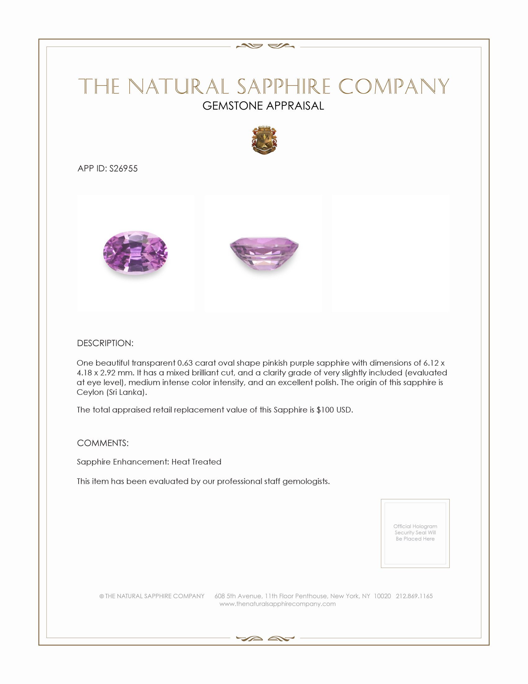 0.63 Ct. Pinkish Purple Sapphire from Ceylon (Sri Lanka)